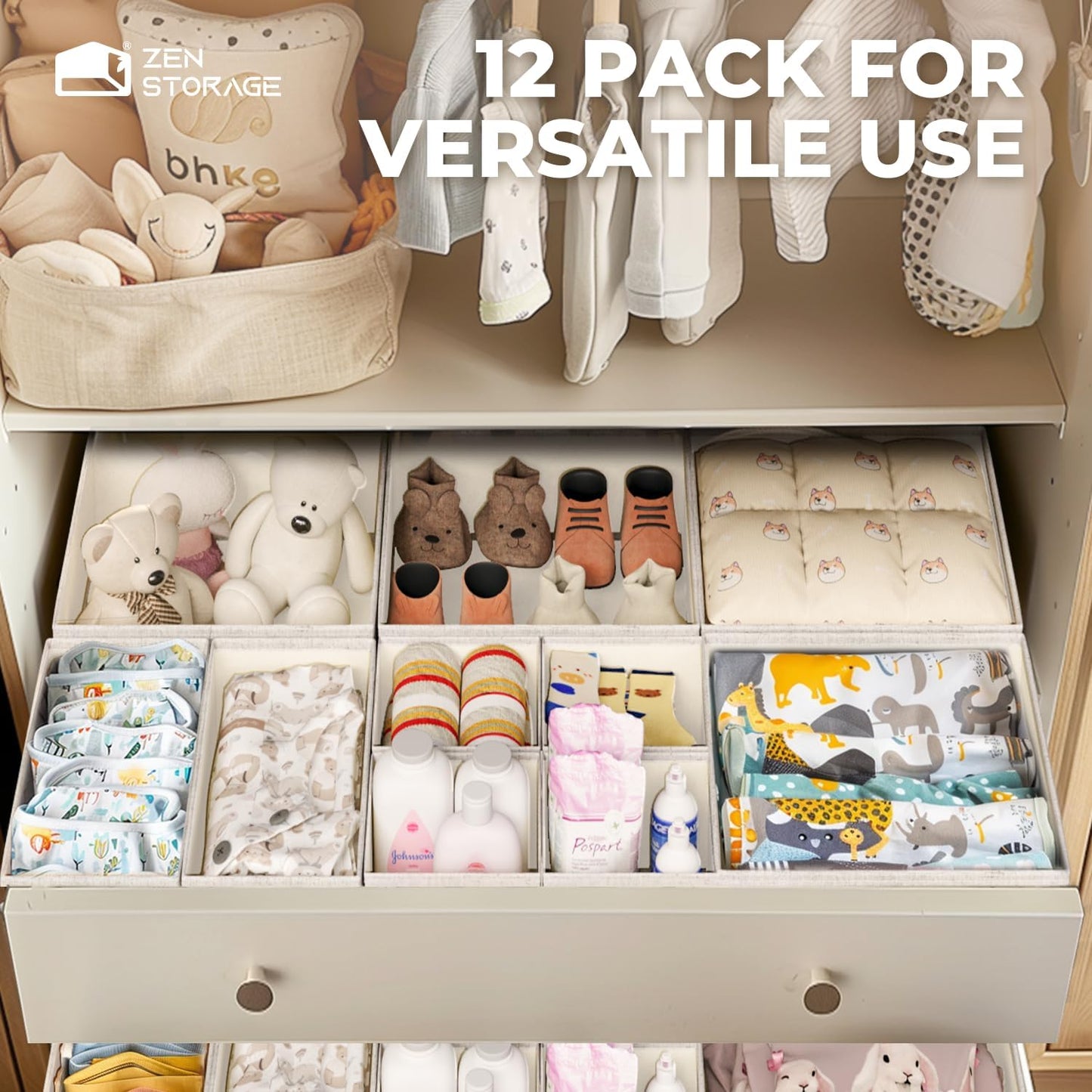 Cotton Linen Drawer Organizer for Baby Clothes, 12Pack Foldable Nursery Dresser Divider, Multi-Size Set Dresser Drawer Organizer for Nursery, Bedroom and Closet, Beige
