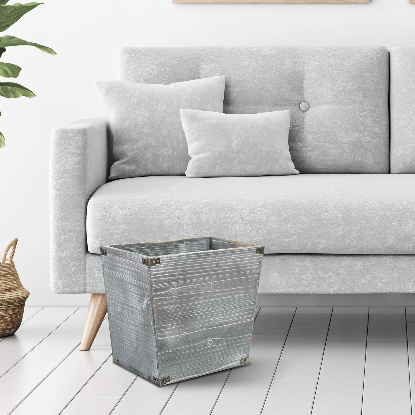 Grey Farmhouse Style Torched Wood Trash Can Waste Bin with Decorative Metal Brackets Trash Can for Bedroom,Living Room, Bathroom & Office (Gray)