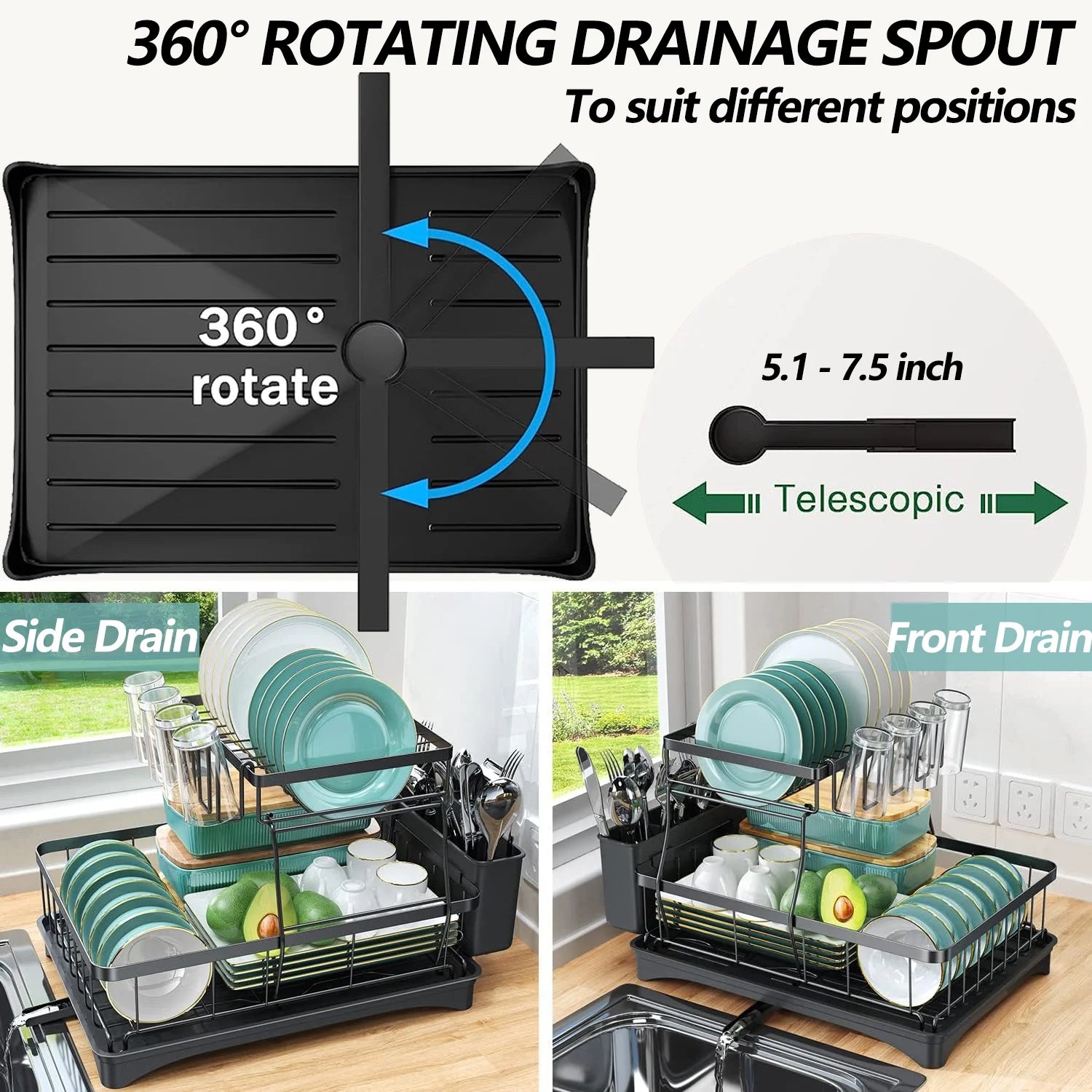 Dish Drying Rack for Kitchen, Stainless Steel 2 Tier New Dish Racks Sink Organizer, Black