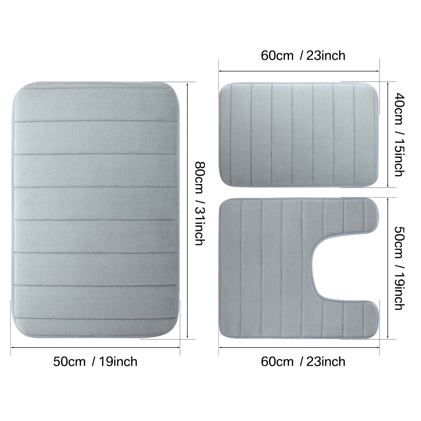 3 Piece Memory Foam Bath Mat Set with U-Shaped Toilet Mat Bathroom Rugs Soft Comfortable Water Absorption Bath Carpet Non-Slip Thick Machine Washable for Kitchen/Living Room(Gray)