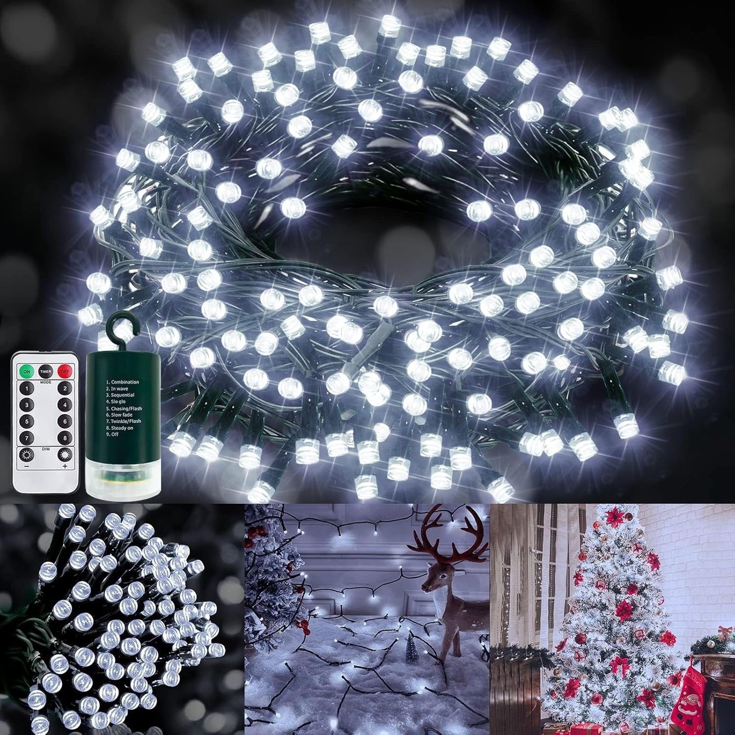 120LED 39.4Ft Christmas String Lights Battery Operated Timer 8 Modes Remote Control Waterproof Green Wire Xmas Tree Fairy Lights Decor Outdoor Indoor Home Party Garden (Warm White)