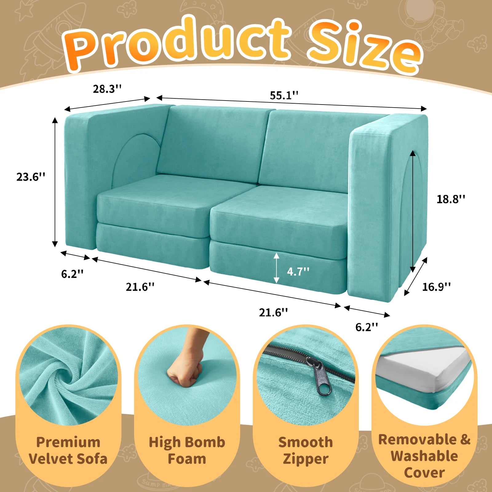 Kids Sofa Couch 10PCS,  Modular Toddler Couch for Playroom, Dutch Velvet Multifunctional Play Couch Sofa for Kids, Ice-Snow Blue