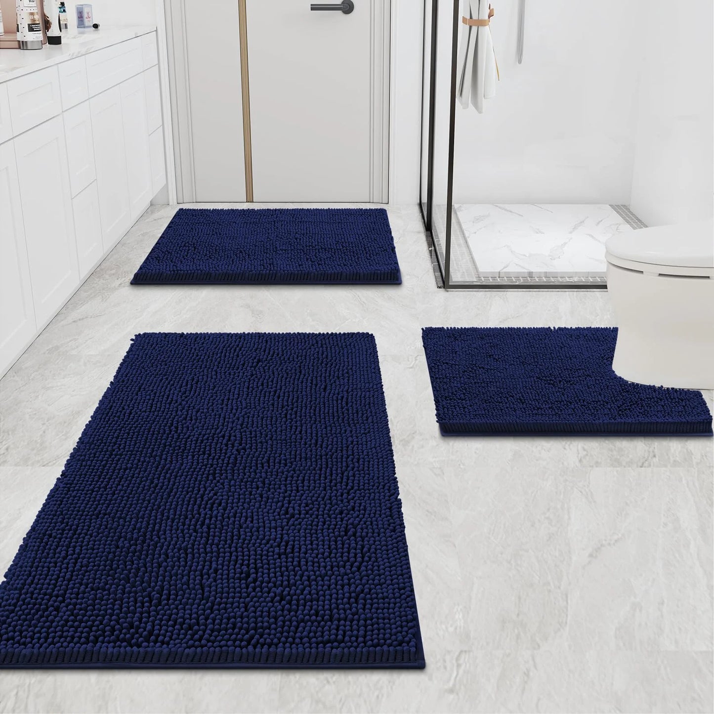 Luxury Chenille Bathroom Rugs, Extra Soft and Absorbent Bath Mat, Navy Blue, 16"X24"