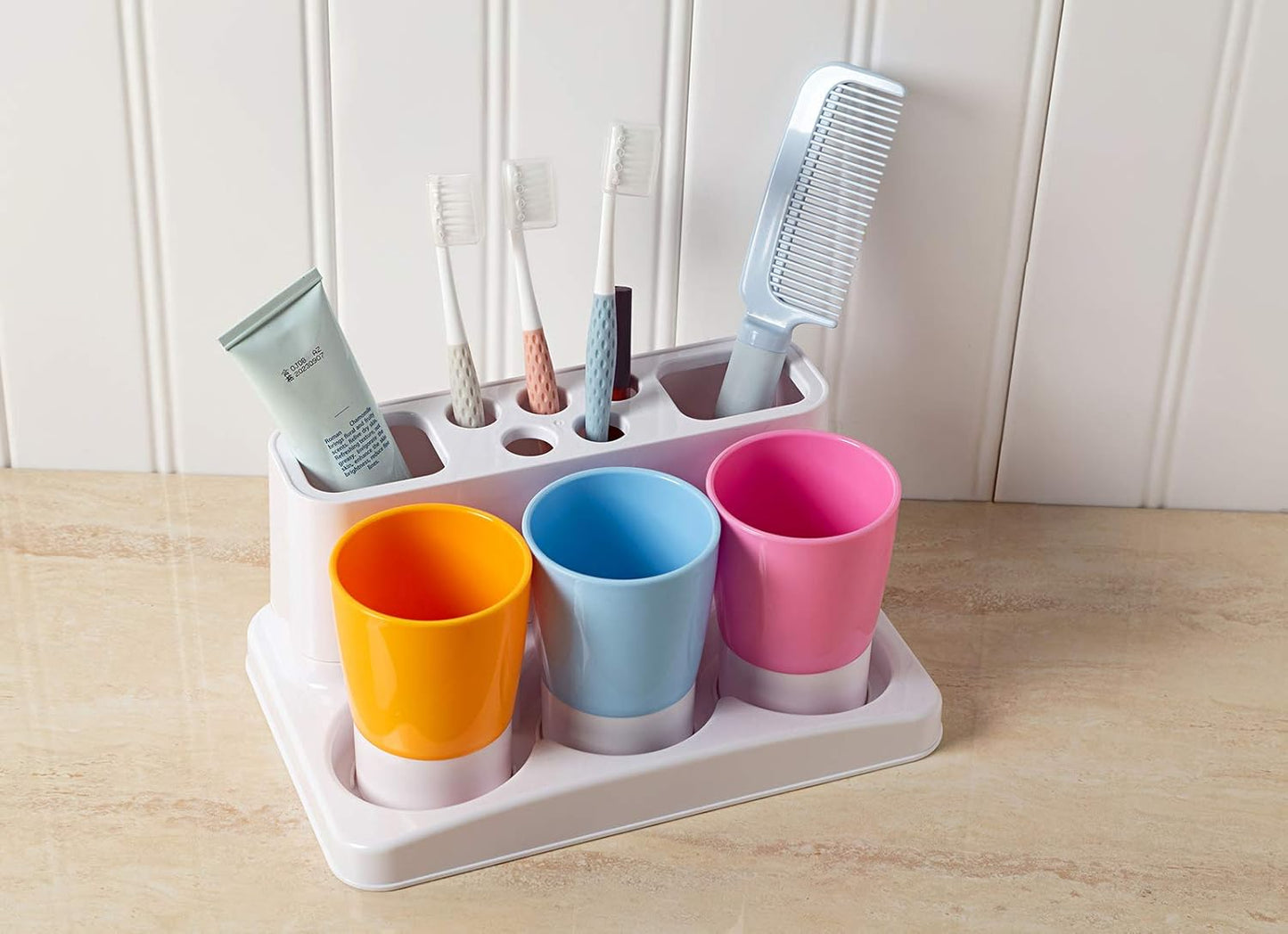 Toothbrush Holder Kids Family Set for Bathroom Storage Organizer (Orange+Blue+Pink)