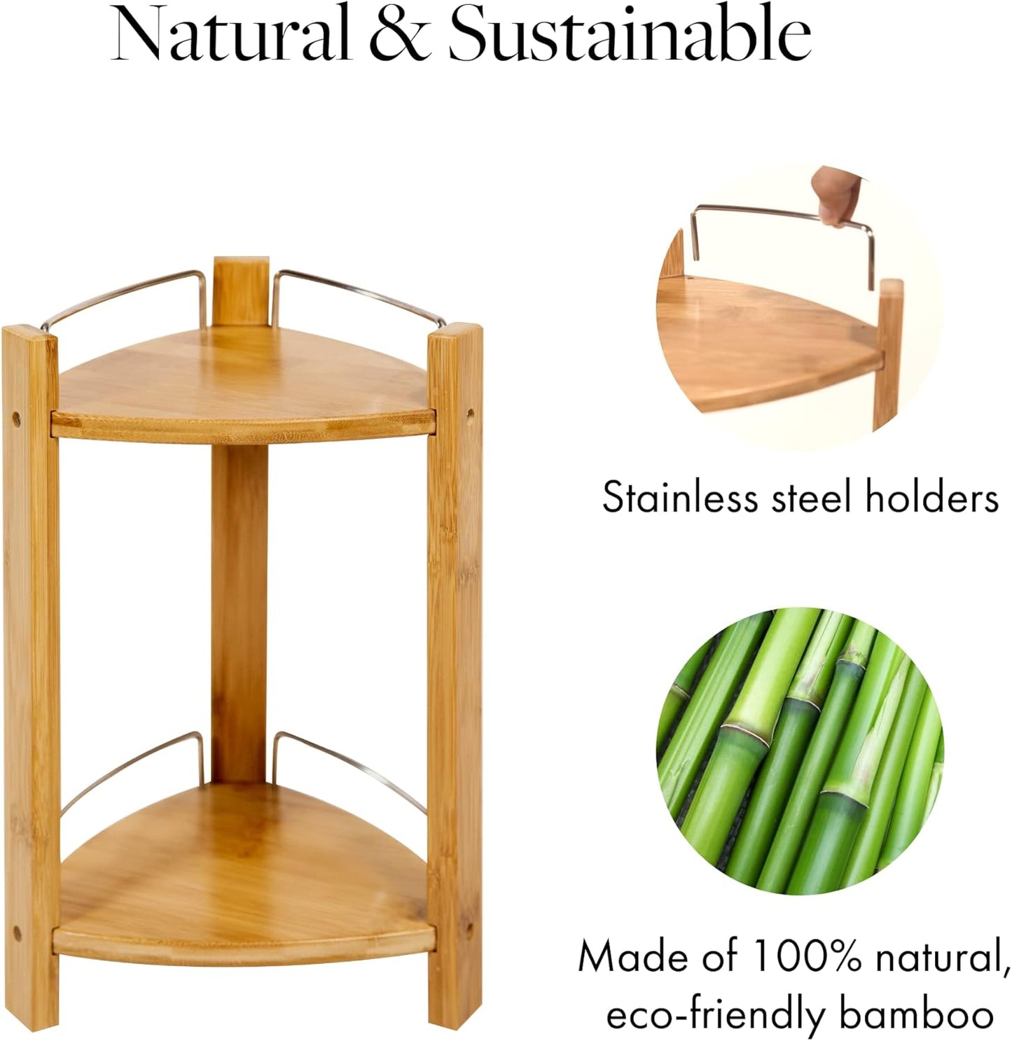 Bamboo Shower Corner Caddy, Medium - 2 Tier Bathroom Organizer Countertop for Shampoo, Conditioner, Lotion, Soap - Standing Shower Stand for Kitchen, Bedroom, or Office