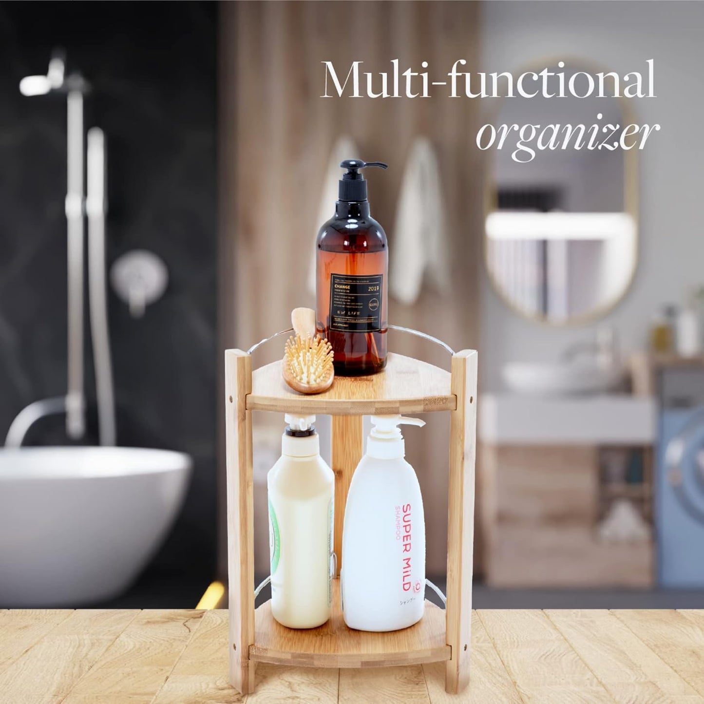 Bamboo Shower Corner Caddy, Medium - 2 Tier Bathroom Organizer Countertop for Shampoo, Conditioner, Lotion, Soap - Standing Shower Stand for Kitchen, Bedroom, or Office
