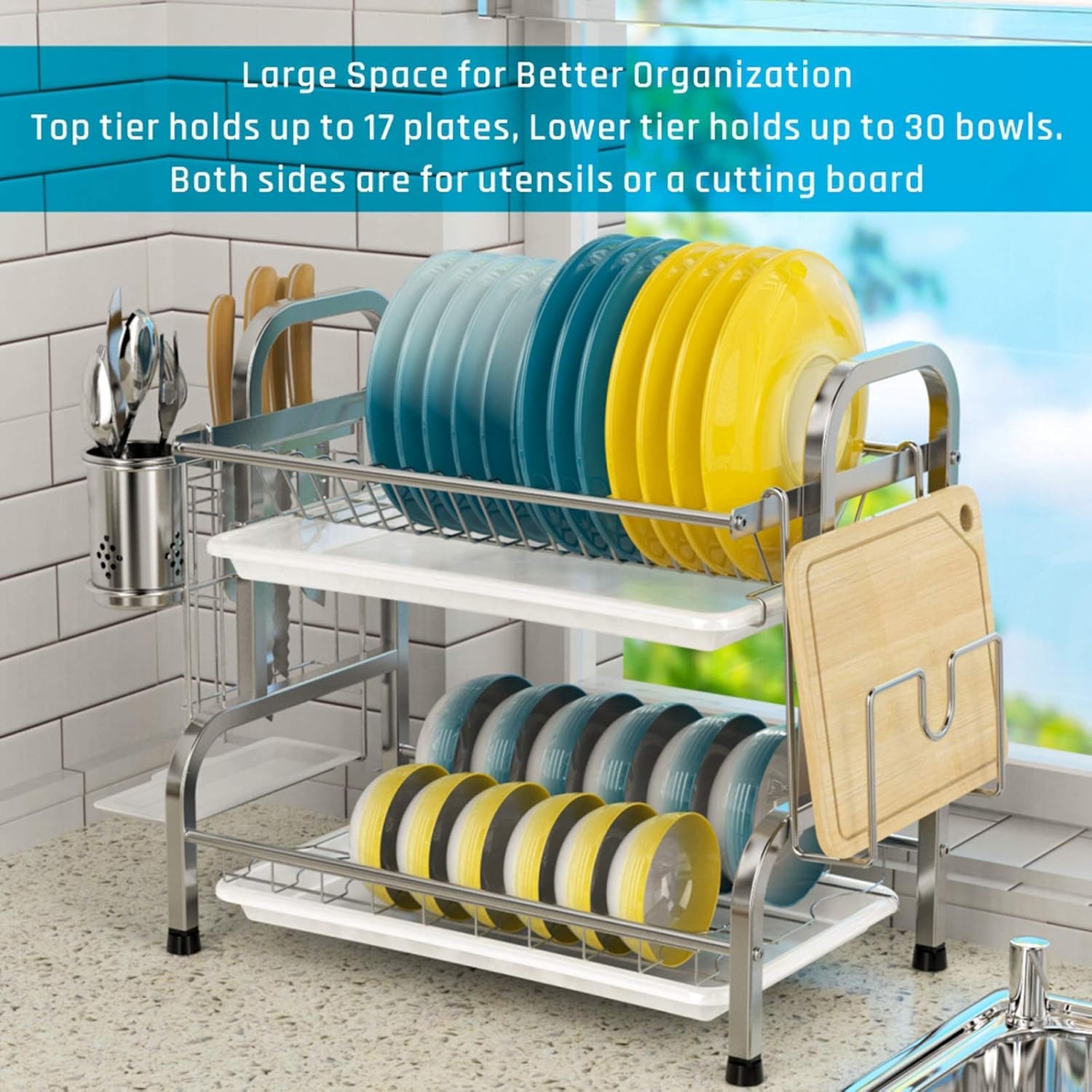 Dish Drying Rack - 304 Stainless Steel 2 Tier Dish Racks with Automatic Drainage for Kitchen Counter, Dish Drainer with Drainboard, Stainless Steel Utensil Holder, Cutting Board Holder, Silver