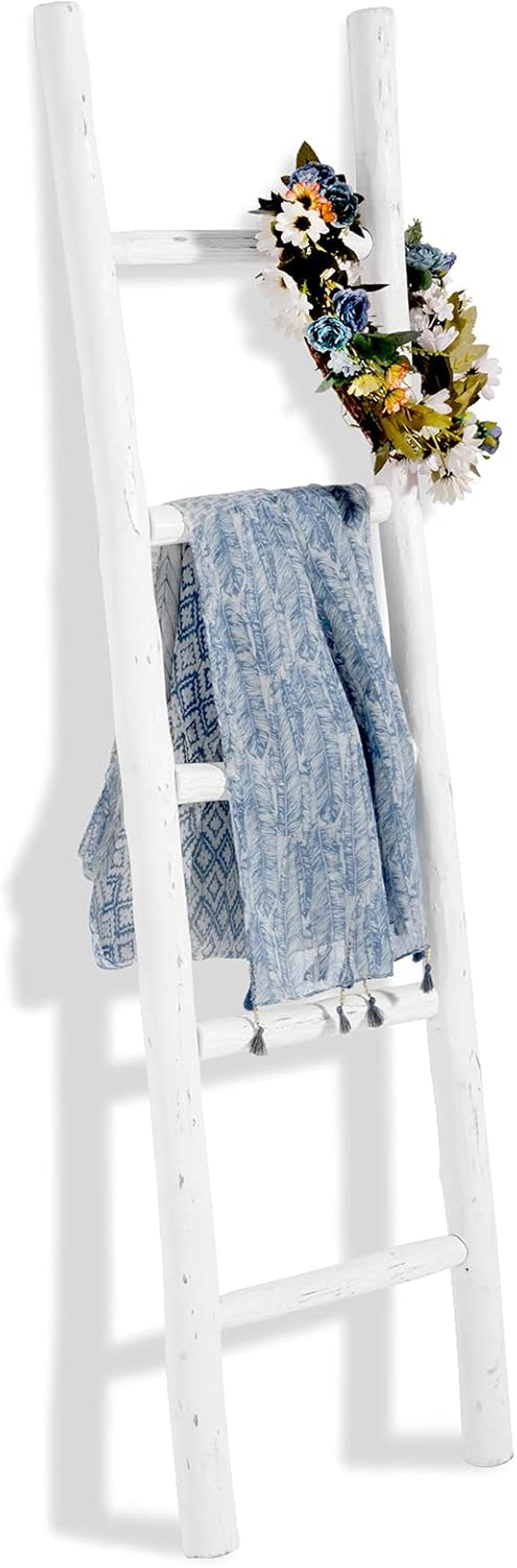 57In Wood Blanket Ladder Living Room Decorative Wall Leaning Farmhouse Quilt Display Holder Rustic Wooden Towel Rack for Bathroom, Unfinished