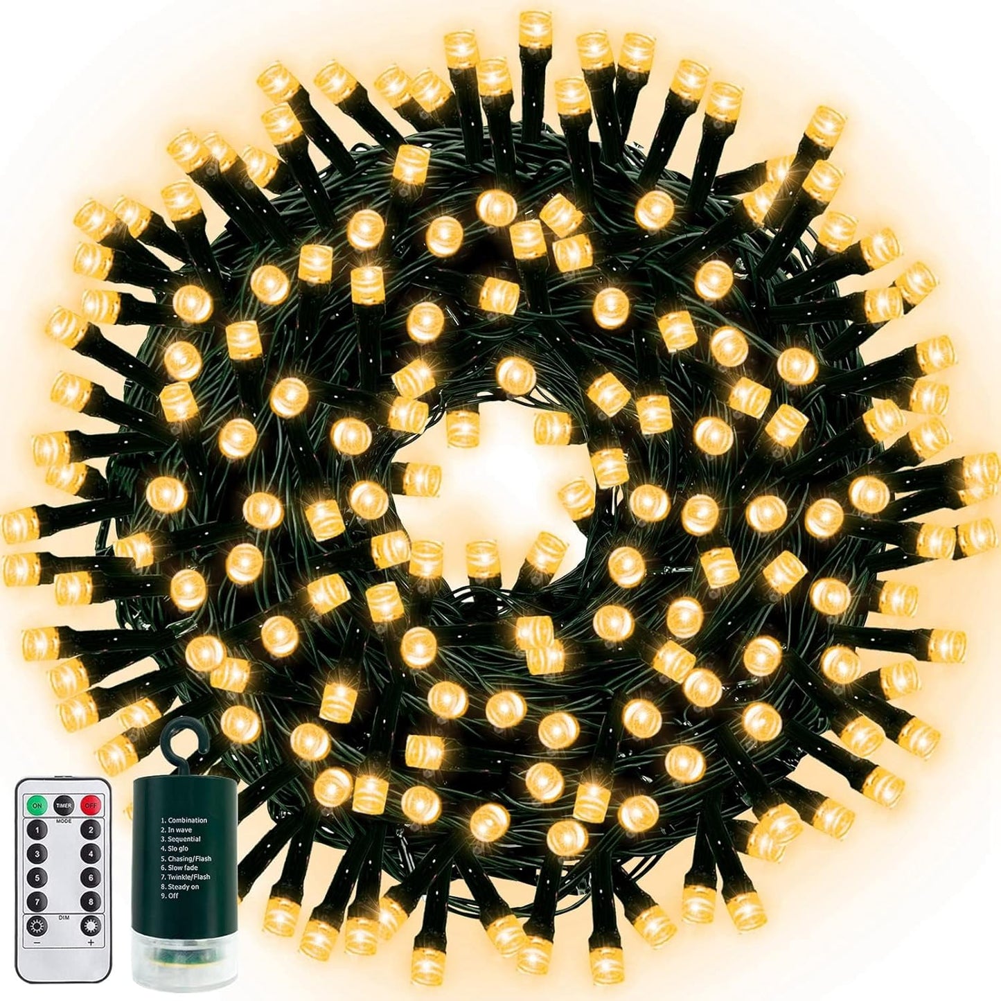 120LED 39.4Ft Christmas String Lights Battery Operated Timer 8 Modes Remote Control Waterproof Green Wire Xmas Tree Fairy Lights Decor Outdoor Indoor Home Party Garden (Warm White)