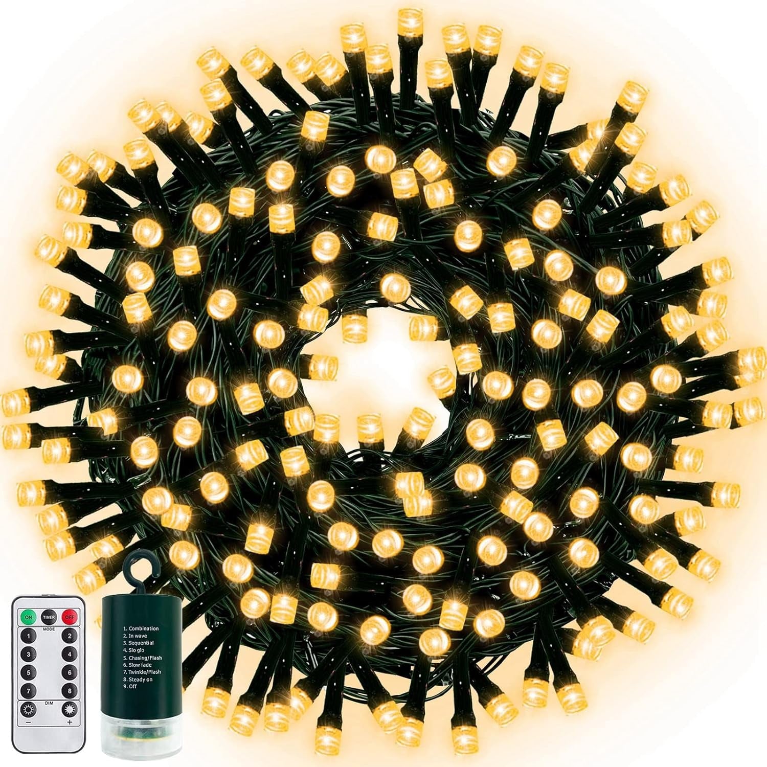 120LED 39.4Ft Christmas String Lights Battery Operated Timer 8 Modes Remote Control Waterproof Green Wire Xmas Tree Fairy Lights Decor Outdoor Indoor Home Party Garden (Warm White)