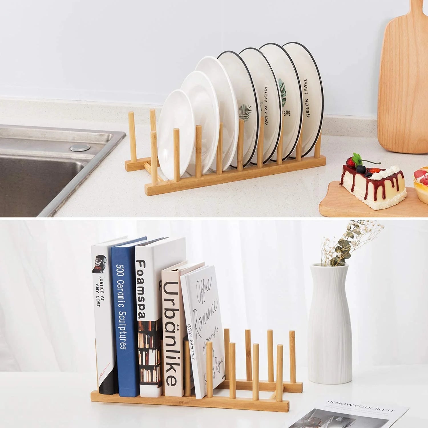 Premium Bamboo Dish Drying Rack - Dish Rack Kitchen Plate Holder-Wooden Dish Rack Plates Holder Compact Kitchen Storage Cabinet Organizer for Dish/Plate/Bowl/Cup/Pot Lid/Cutting Board(Wood)