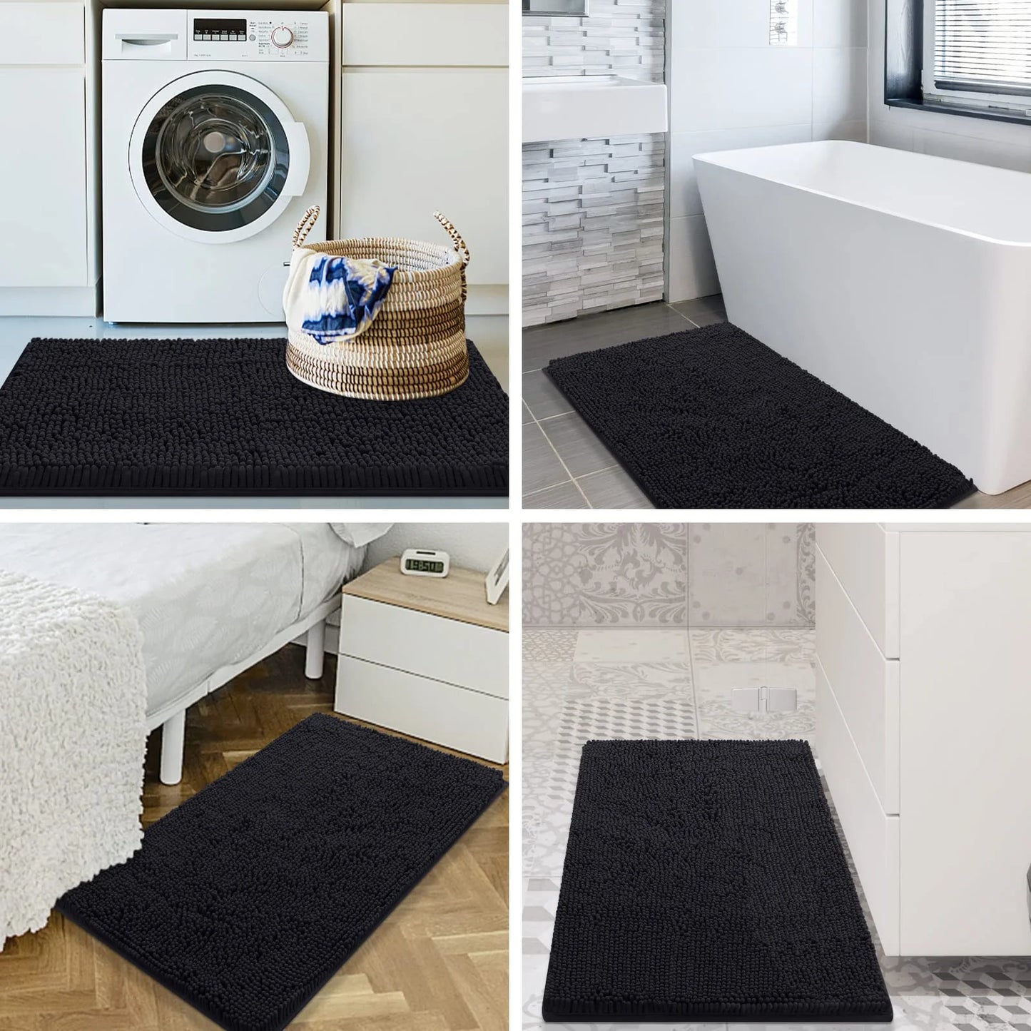 Luxury Chenille Bathroom Rugs, Extra Soft and Absorbent Bath Mat, Black, 17"X47"