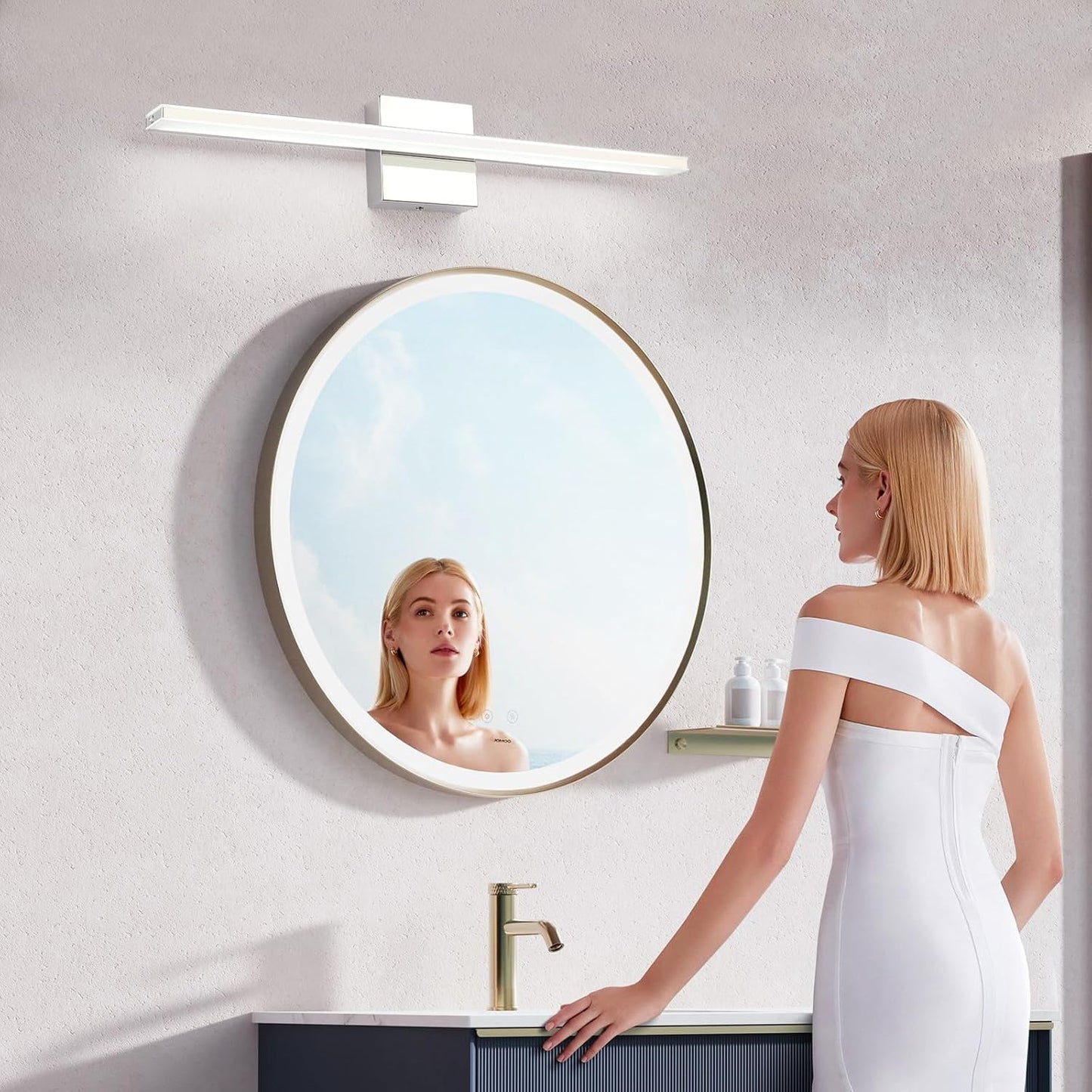 Chrome Bathroom Light Fixtures 24 Inch Bath Wall Lighting IP44 14W Vanity Lamp Bar Modern LED Lights for Vanity Rectangle Bathroom Lamps over Mirror Acrylic Restroom Sink Light