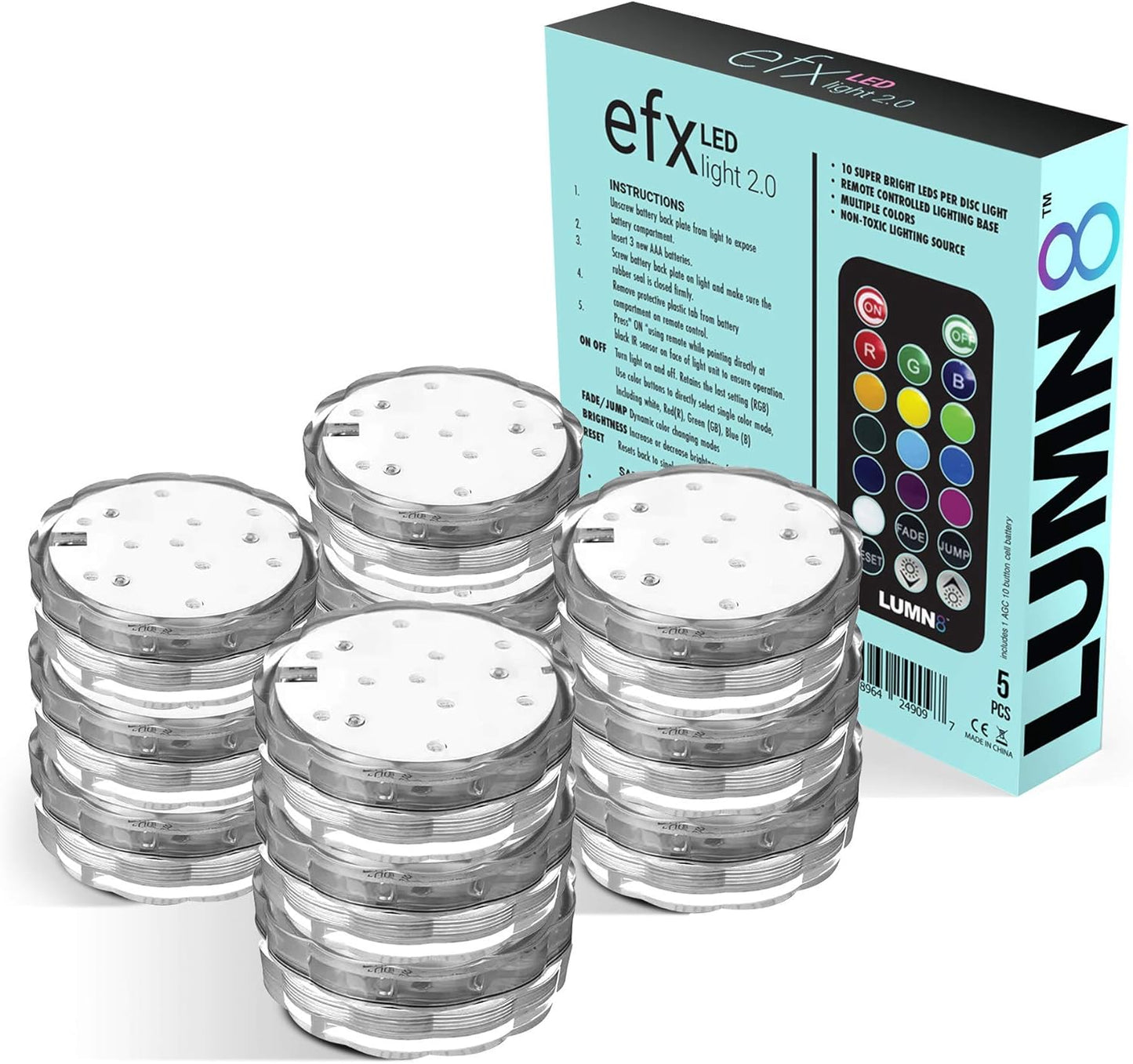 EFX by Boundery - Multicolor Accent Submersible, Waterproof LED Lights - Premium Indoor & Outdoor Battery Operated Lights - LED Puck Light for Events, Patio, Pool, Hot Tub, Shower - 12-Pack