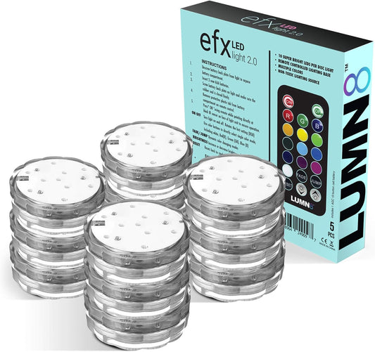 EFX by Boundery - Multicolor Accent Submersible, Waterproof LED Lights - Premium Indoor & Outdoor Battery Operated Lights - LED Puck Light for Events, Patio, Pool, Hot Tub, Shower - 12-Pack