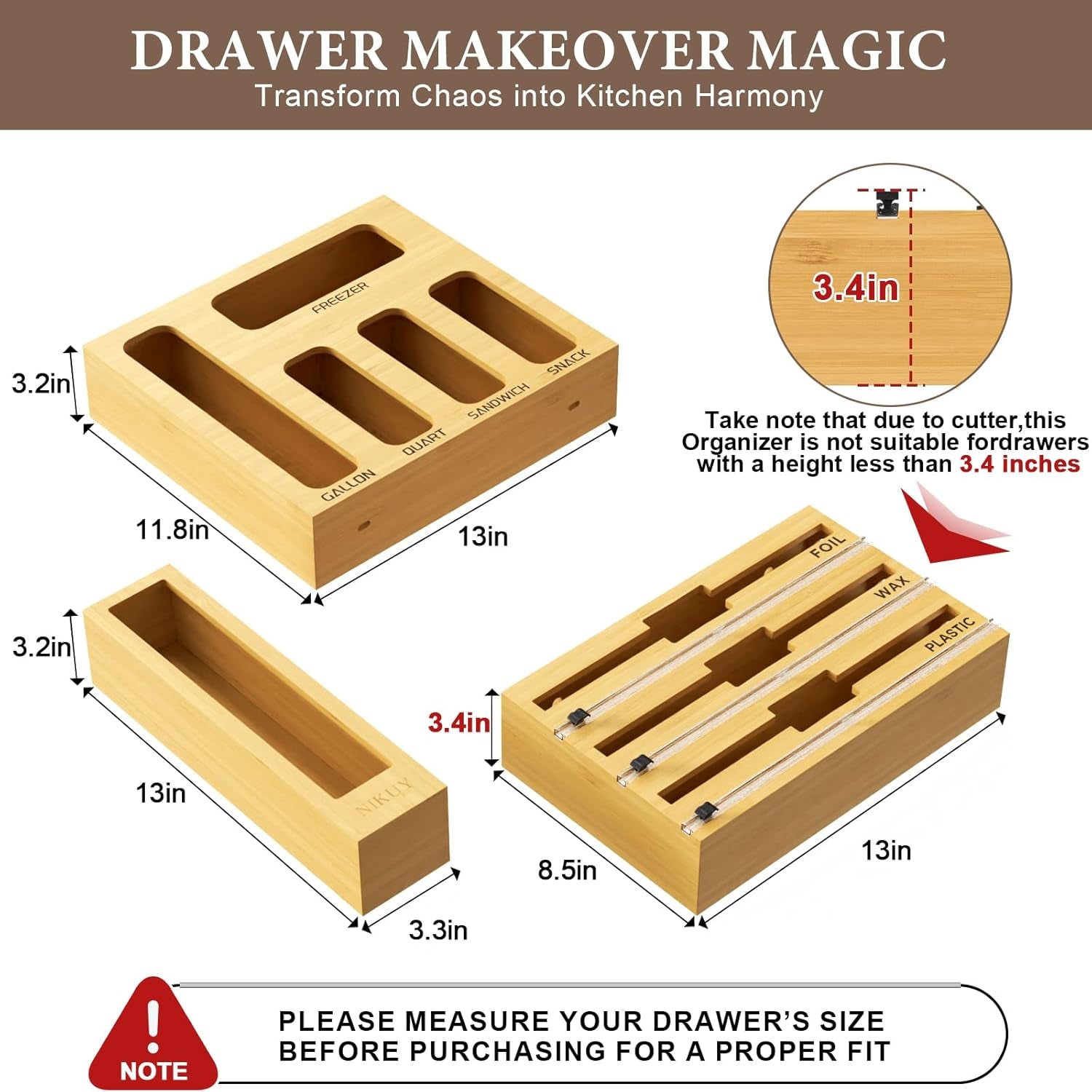 9 in 1 Bamboo Foil and Plastic Wrap Organizer for Kitchen Drawer, Plastic Bag Organizer Organization and Storage, Food Storage Bag Organizer with Labels for Quart Gallon Snack Sandwich Bag