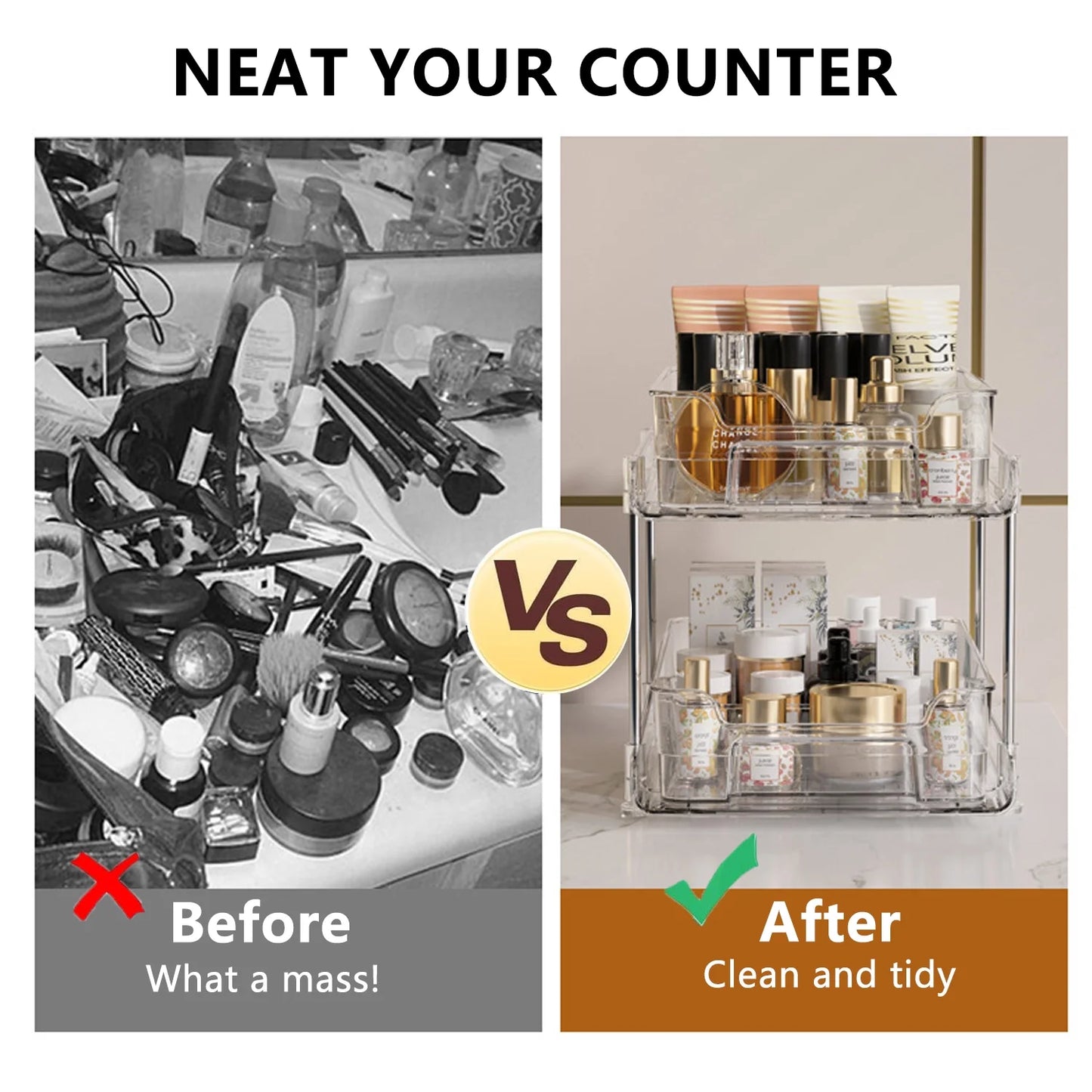 2-Pack under Sink Organizer Storage, 2-Tier 11.4" Tall under Sink Storage Organizer, Clear