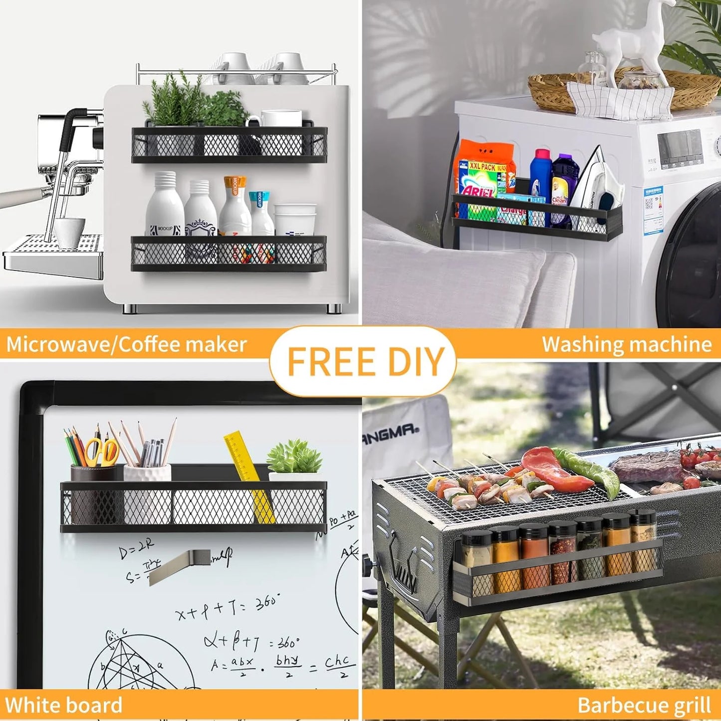 Magnetic Spice Rack Organizer,  6 Pack Moveable Fridge Spice Shelves for Refrigerator, Strong Magnetic Metal Refrigerator Shelf Organizer with Paper Towel Holder, Utensils Holder, Black