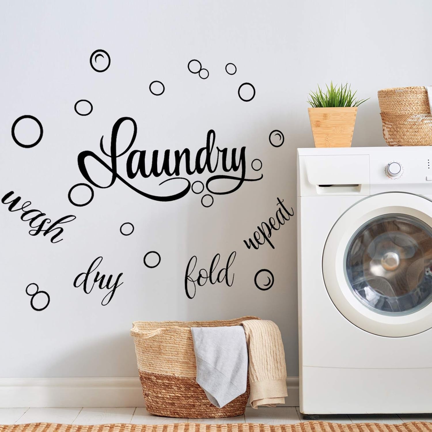 Laundry Room Sign Decals Decor Bubble Quote Stickers Wash Dry Fold Repeat Wall Signs Arts Funny Laundry Room Signs for Bathroom Home Decorations Supplies(13.8 X 21.7 Inch,Black)