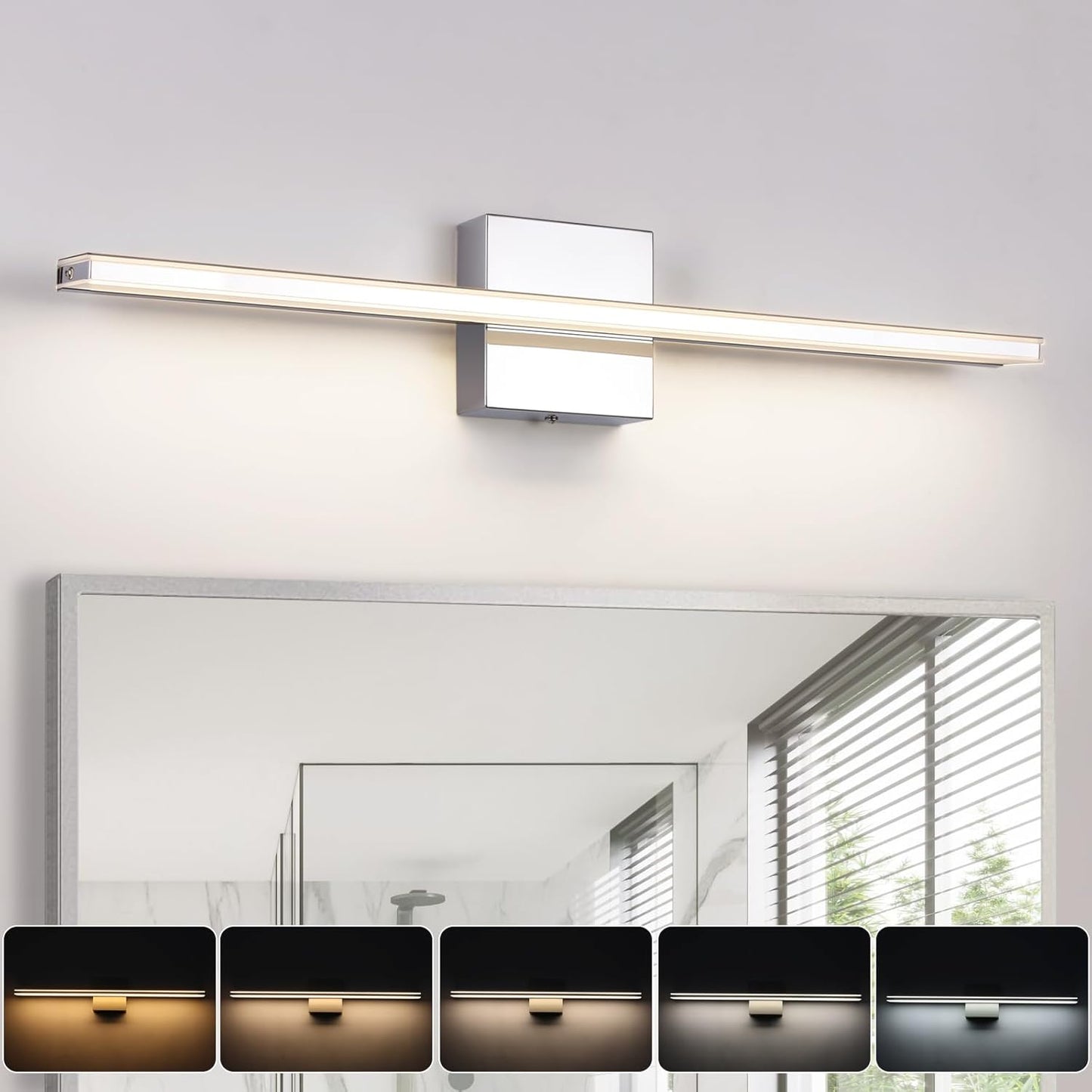 Chrome Bathroom Light Fixtures 24 Inch Bath Wall Lighting IP44 14W Vanity Lamp Bar Modern LED Lights for Vanity Rectangle Bathroom Lamps over Mirror Acrylic Restroom Sink Light