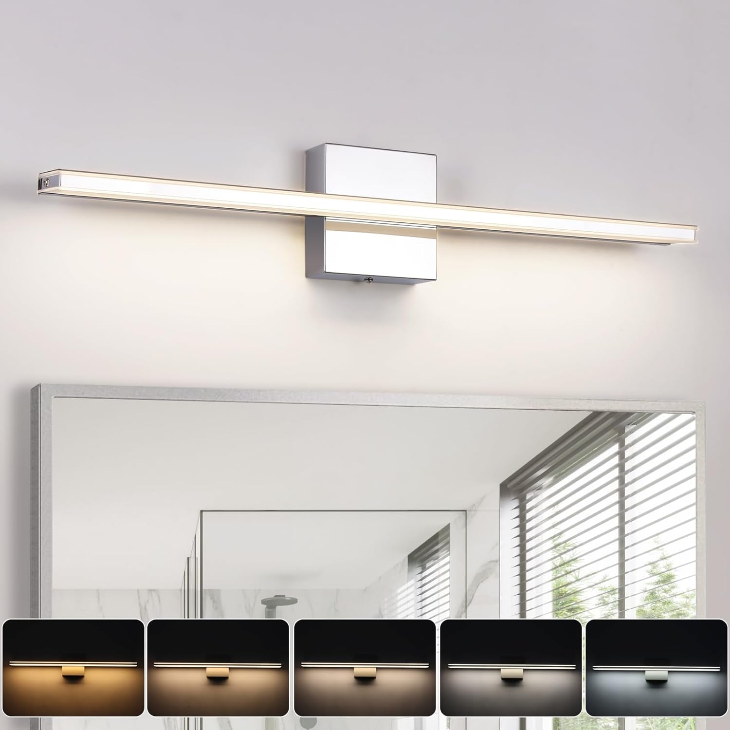 Chrome Bathroom Light Fixtures 24 Inch Bath Wall Lighting IP44 14W Vanity Lamp Bar Modern LED Lights for Vanity Rectangle Bathroom Lamps over Mirror Acrylic Restroom Sink Light