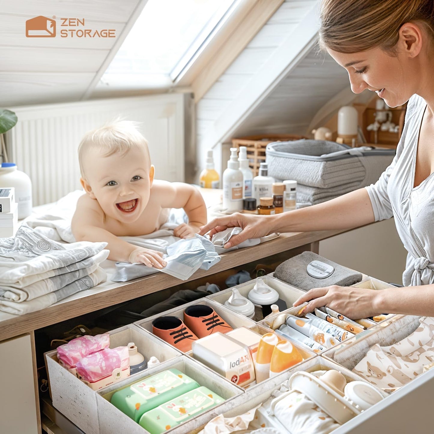 Cotton Linen Drawer Organizer for Baby Clothes, 12Pack Foldable Nursery Dresser Divider, Multi-Size Set Dresser Drawer Organizer for Nursery, Bedroom and Closet, Beige