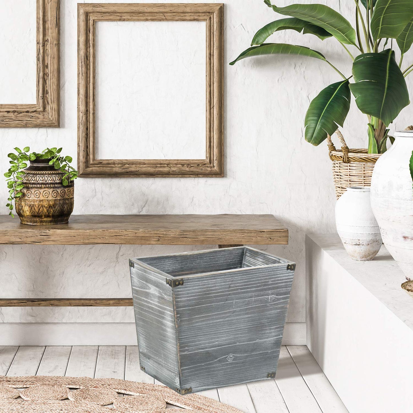 Grey Farmhouse Style Torched Wood Trash Can Waste Bin with Decorative Metal Brackets Trash Can for Bedroom,Living Room, Bathroom & Office (Gray)