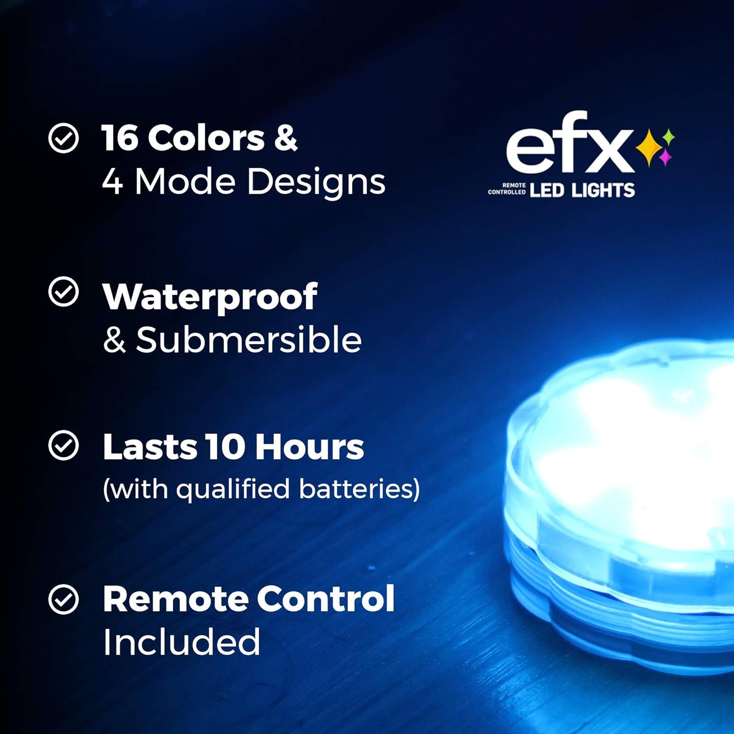 EFX by Boundery - Multicolor Accent Submersible, Waterproof LED Lights - Premium Indoor & Outdoor Battery Operated Lights - LED Puck Light for Events, Patio, Pool, Hot Tub, Shower - 12-Pack