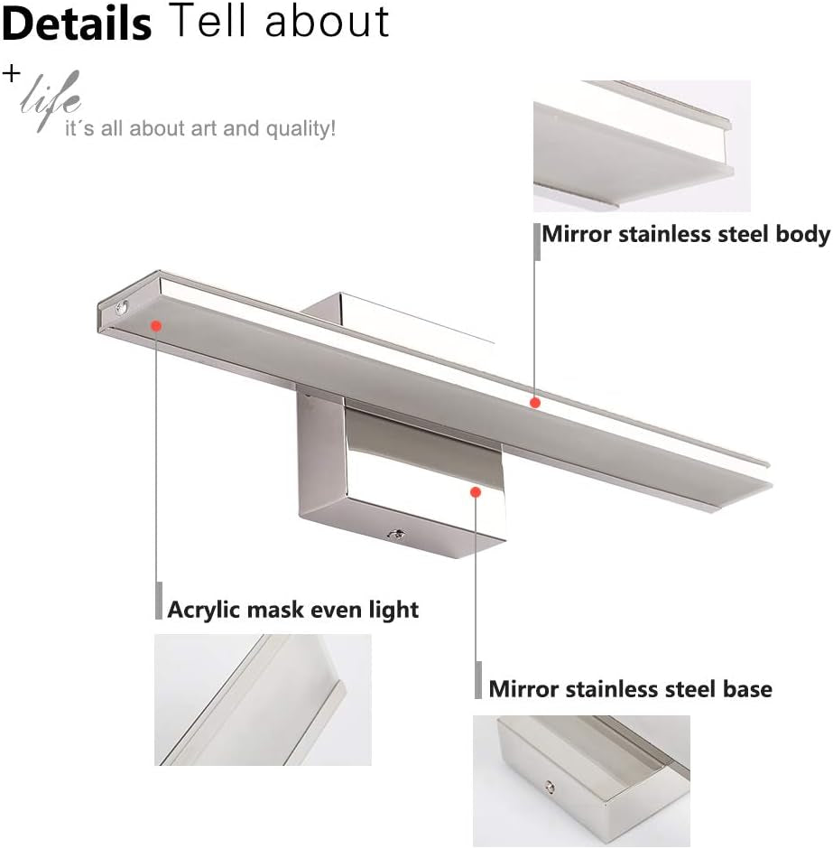 Chrome Bathroom Light Fixtures 24 Inch Bath Wall Lighting IP44 14W Vanity Lamp Bar Modern LED Lights for Vanity Rectangle Bathroom Lamps over Mirror Acrylic Restroom Sink Light