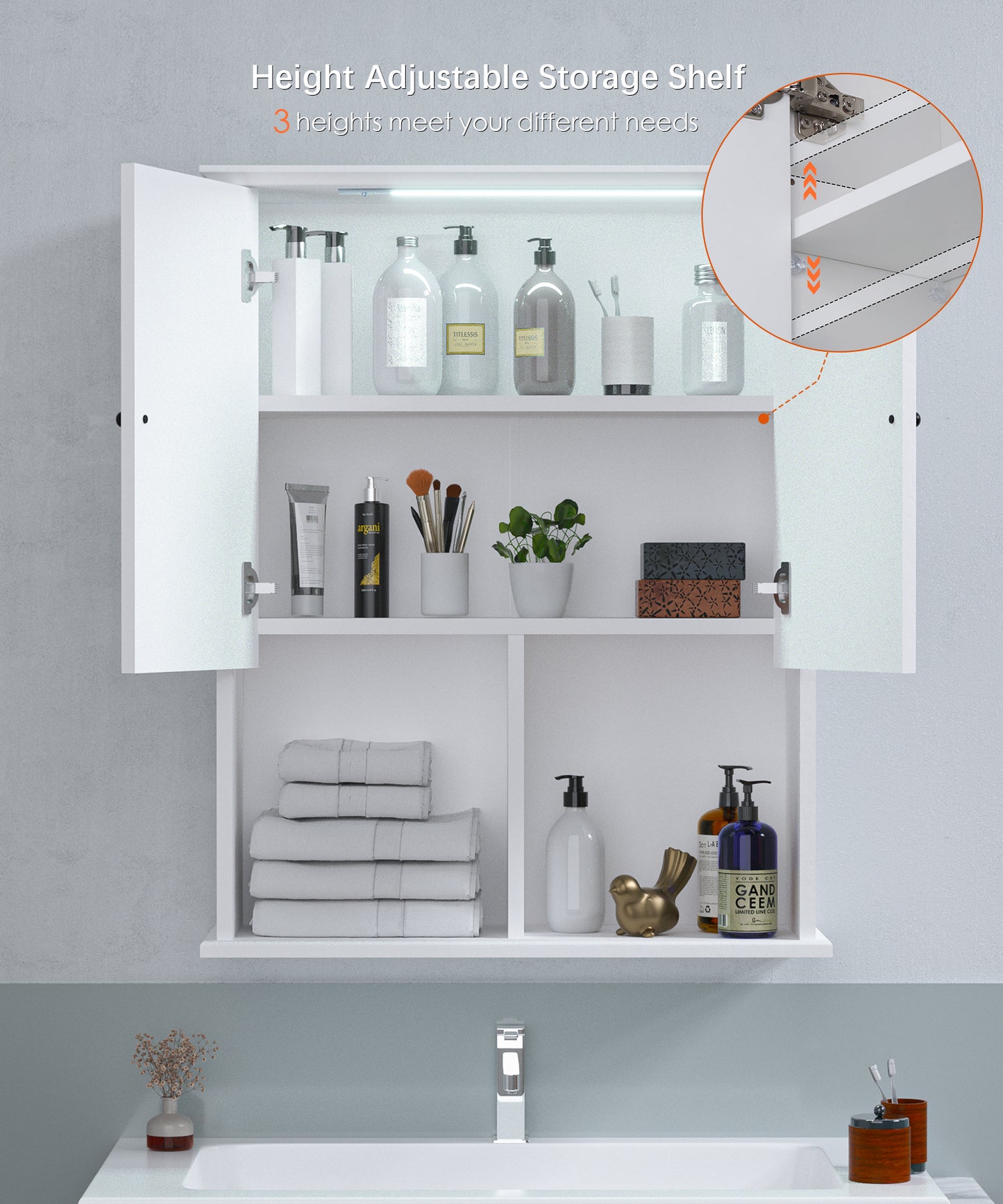 Bathroom Wall Cabinet with Motion Sensor LED Light, over Toilet Storage Cabinet with Buffering Hinges and Adjustable Shelf (White)