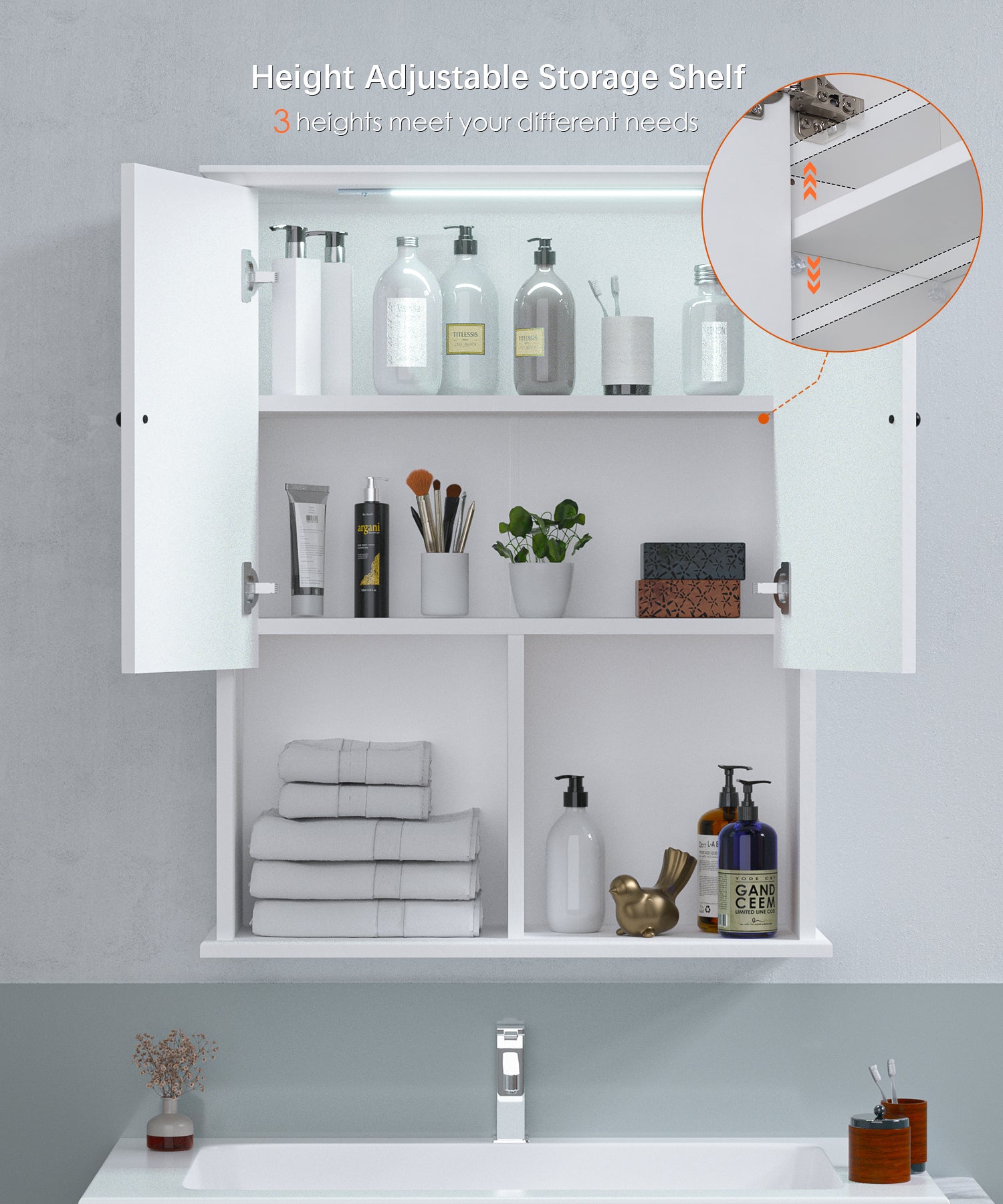 Bathroom Wall Cabinet with Motion Sensor LED Light, over Toilet Storage Cabinet with Buffering Hinges and Adjustable Shelf (White)