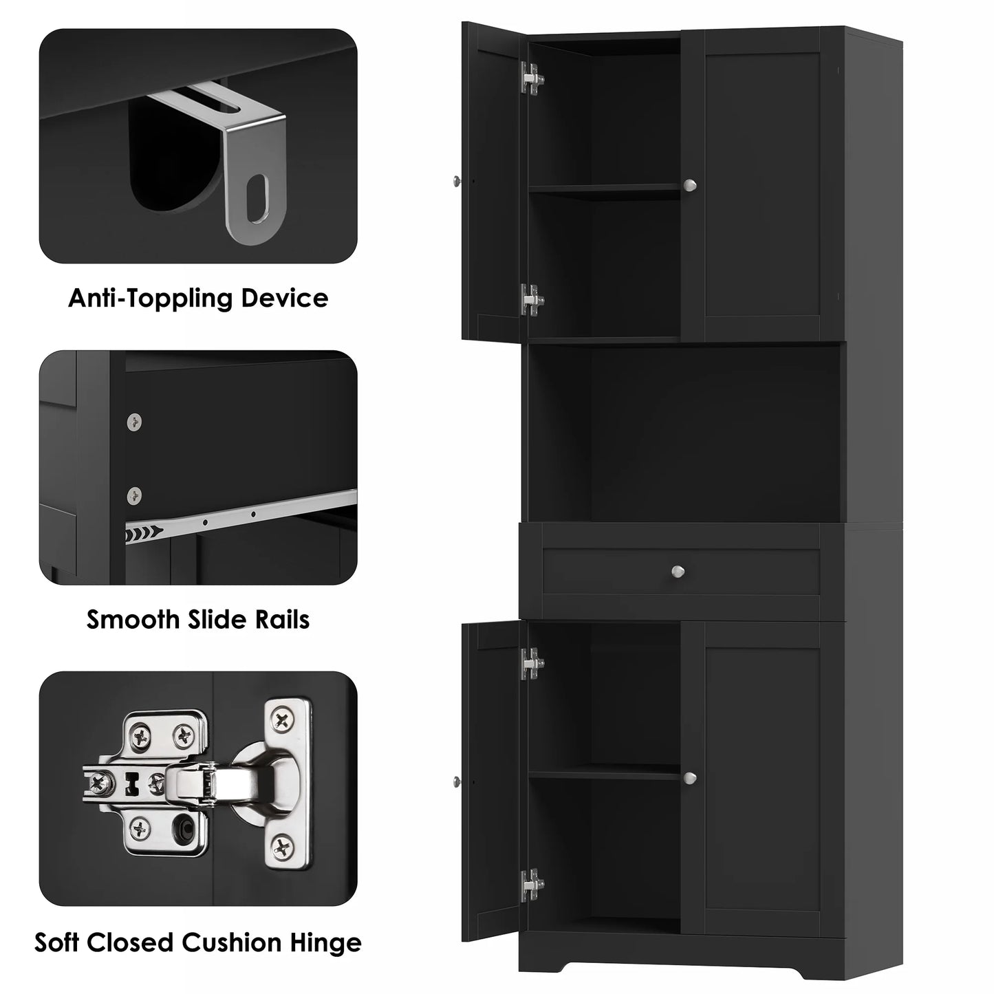 67.5" Tall Farmhouse Bathroom Storage Cabiet with Drawer, 4 Door Modern Freestanding Storage Cabinet Cupboard, Black