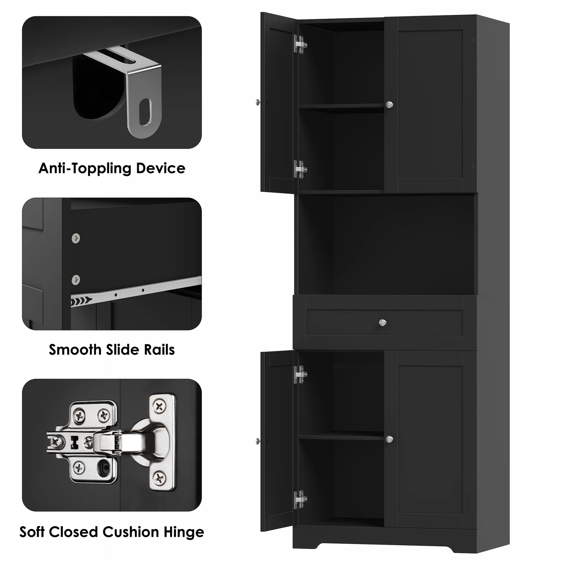 67.5" Tall Farmhouse Bathroom Storage Cabiet with Drawer, 4 Door Modern Freestanding Storage Cabinet Cupboard, Black