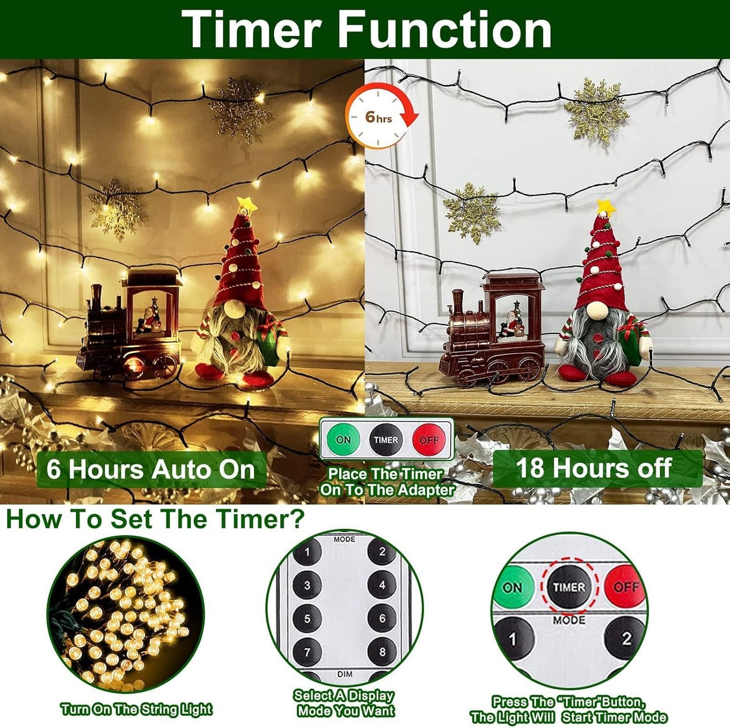 120LED 39.4Ft Christmas String Lights Battery Operated Timer 8 Modes Remote Control Waterproof Green Wire Xmas Tree Fairy Lights Decor Outdoor Indoor Home Party Garden (Warm White)