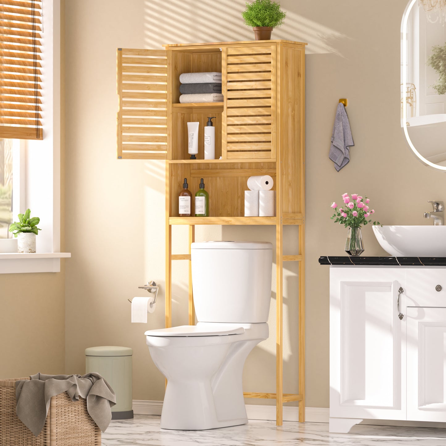 Bamboo over the Toilet Storage Cabinet Space-Saving Bathroom Cabinet W/ 2 Shelves and Cupboard