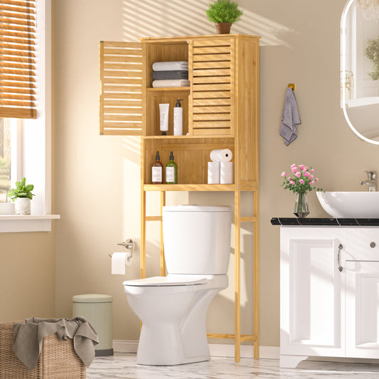 Bamboo over the Toilet Storage Cabinet Space-Saving Bathroom Cabinet W/ 2 Shelves and Cupboard