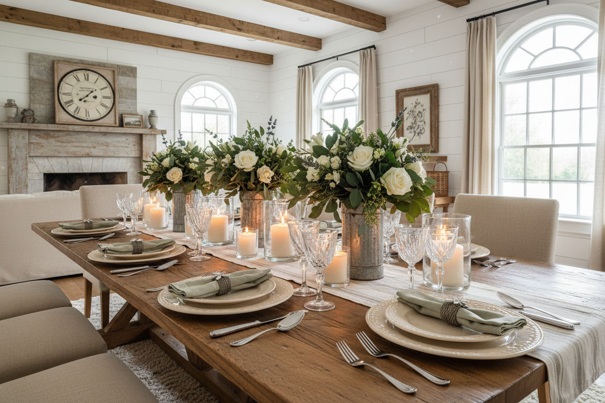 a beautiful set farmhouse style table long with 10 seats, include: dinnerware, silverware, glasses and cups, napkins with rings, candles and flowers. warm lighting and clean looking. beautifully decorated home in background, with farmhouse style. warm and cozy feel