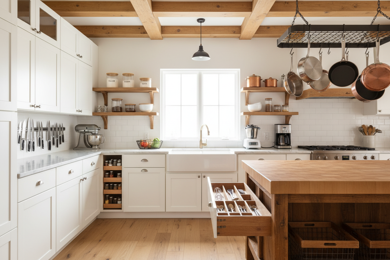 a Clean modern farmhouse kitchen with gadgets and organizers