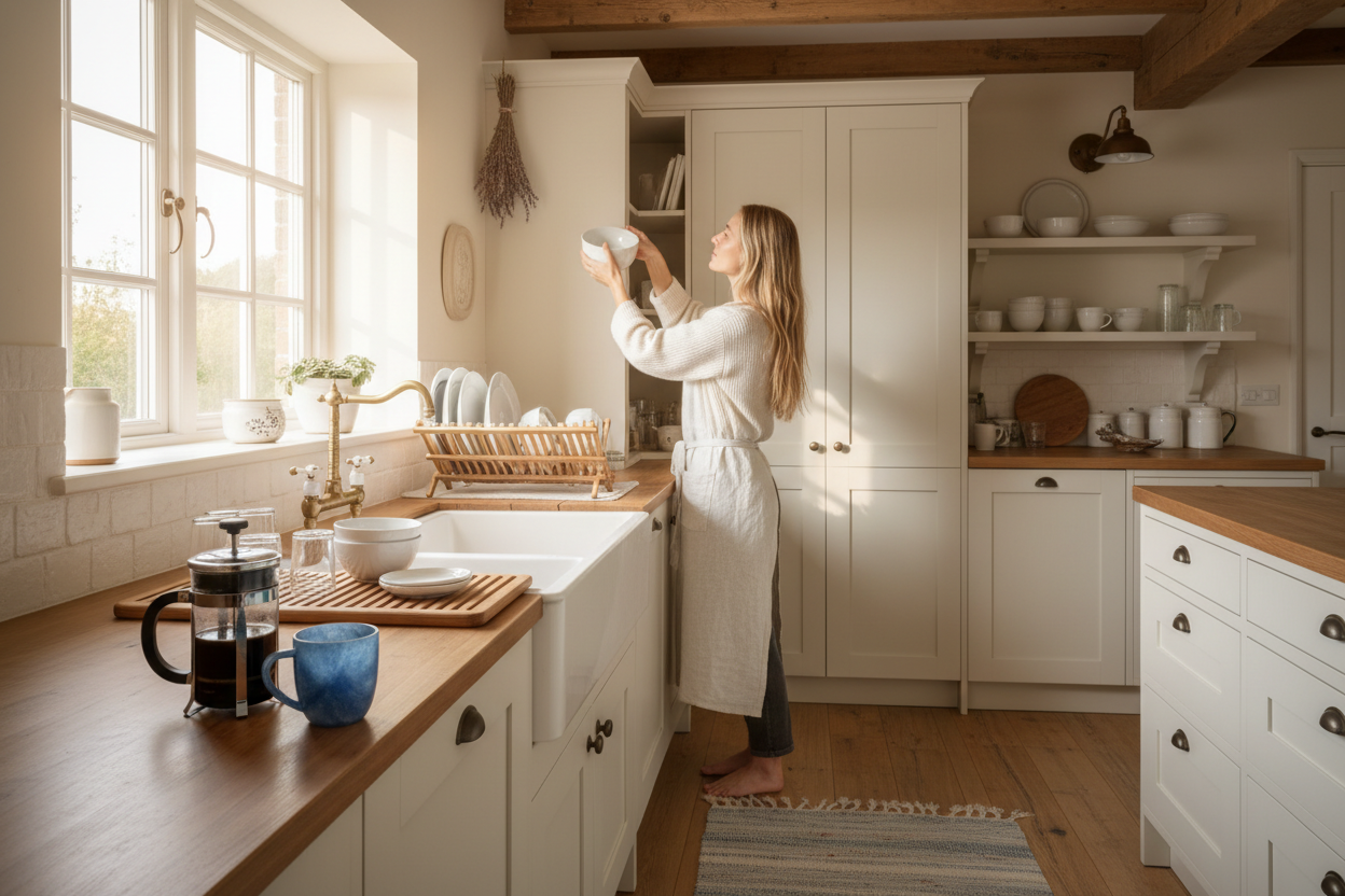 a large farmhouse kitchen with dishes being put away in a cabinet by a beautiful blonde woman with longer hair. the dishes are in a wooden dish drying rack sitting on a fitting dish mat. the drying rack is beside the large white farmhouse sink and the lighting is coming in from the window. it is morning. a ready pot of coffee is on the counter, and a blue mineral crystal coffee mug is in front. 