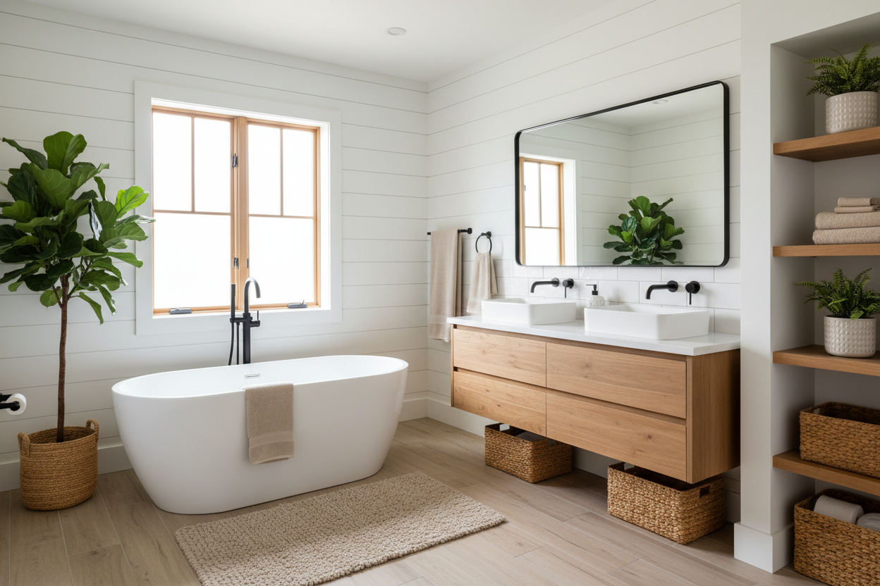 a modern farmhouse looking bathroom organized and clean