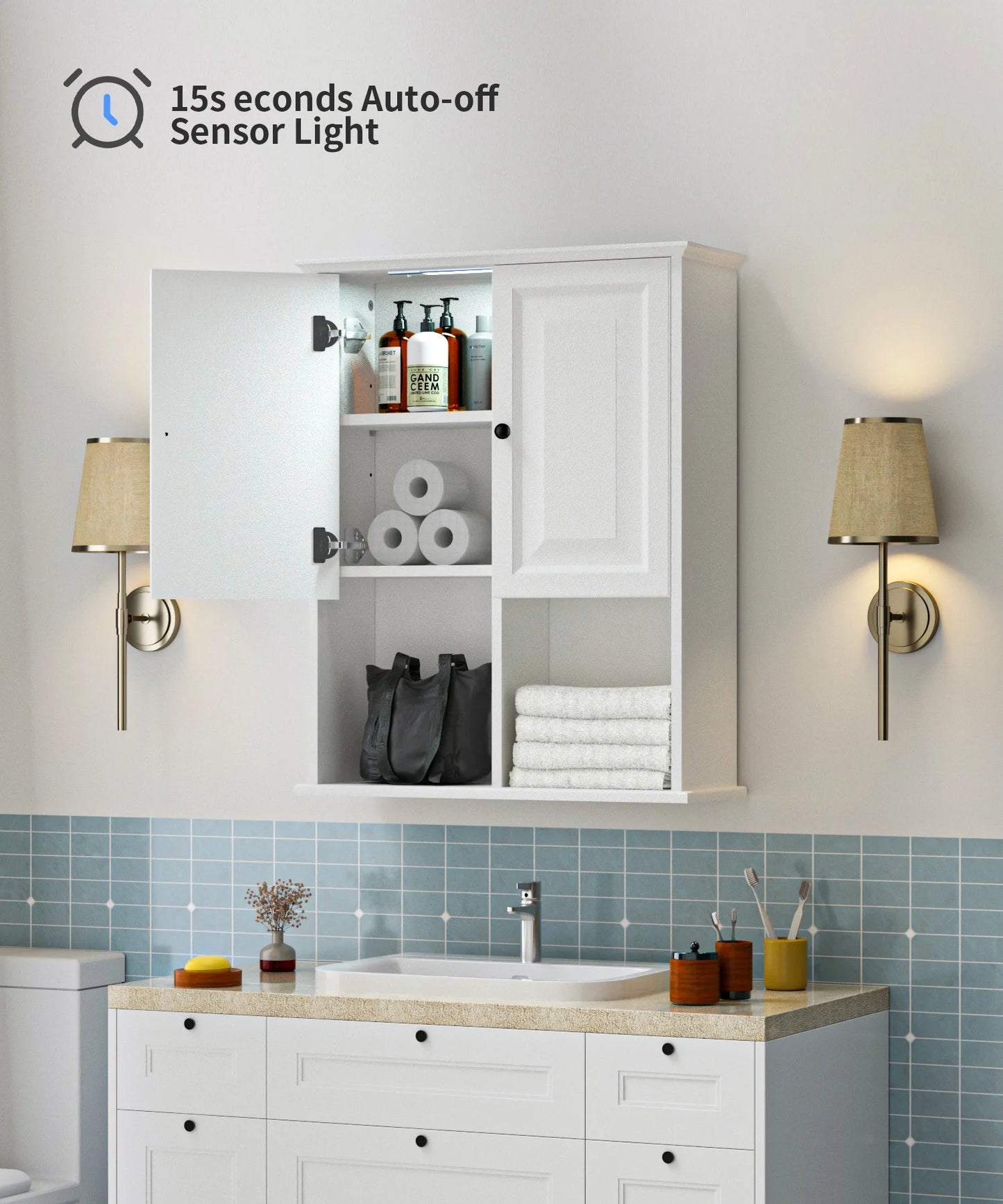 Bathroom Wall Cabinet with Motion Sensor LED Light, over Toilet Storage Cabinet with Buffering Hinges and Adjustable Shelf (White)