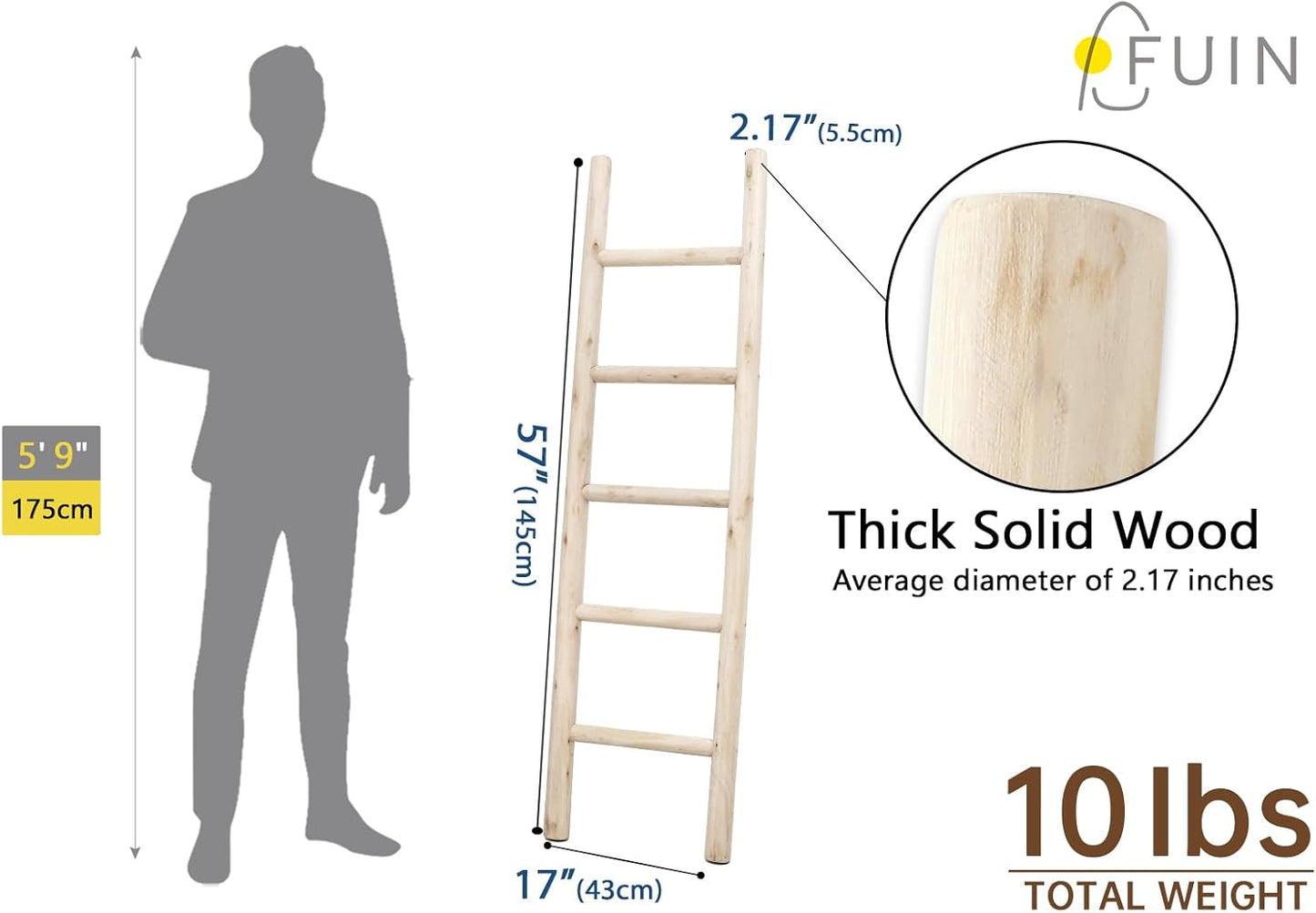 57In Wood Blanket Ladder Living Room Decorative Wall Leaning Farmhouse Quilt Display Holder Rustic Wooden Towel Rack for Bathroom, Unfinished