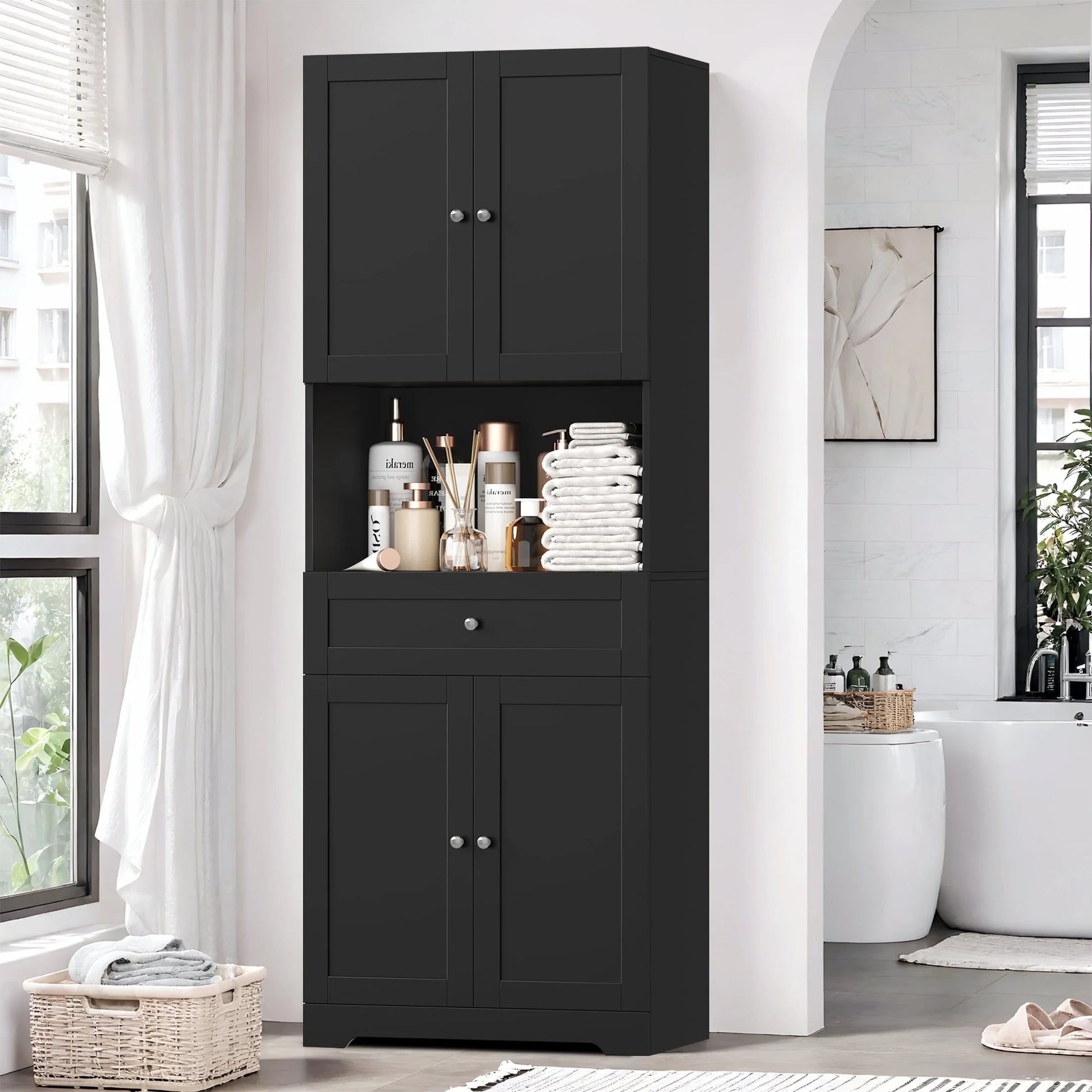 67.5" Tall Farmhouse Bathroom Storage Cabiet with Drawer, 4 Door Modern Freestanding Storage Cabinet Cupboard, Black