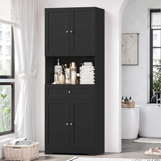 67.5" Tall Farmhouse Bathroom Storage Cabiet with Drawer, 4 Door Modern Freestanding Storage Cabinet Cupboard, Black
