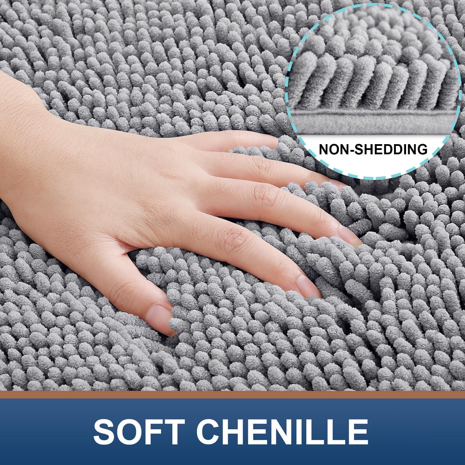 Luxury Chenille Bathroom Rugs, Extra Soft and Absorbent Bath Mat, Light Grey, 17"X47"