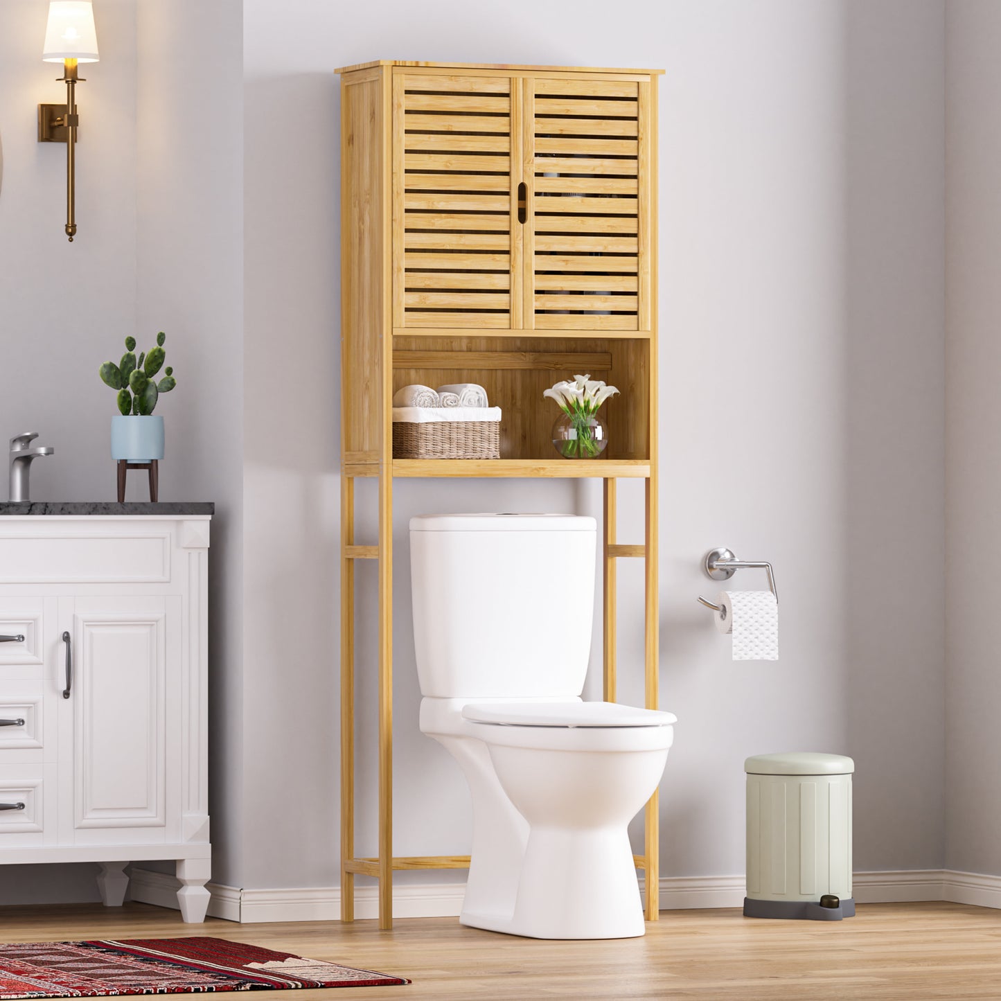 Bamboo over the Toilet Storage Cabinet Space-Saving Bathroom Cabinet W/ 2 Shelves and Cupboard
