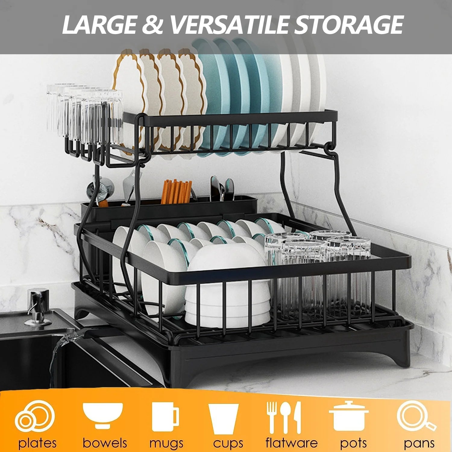 Dish Drying Rack for Kitchen, Stainless Steel 2 Tier New Dish Racks Sink Organizer, Black