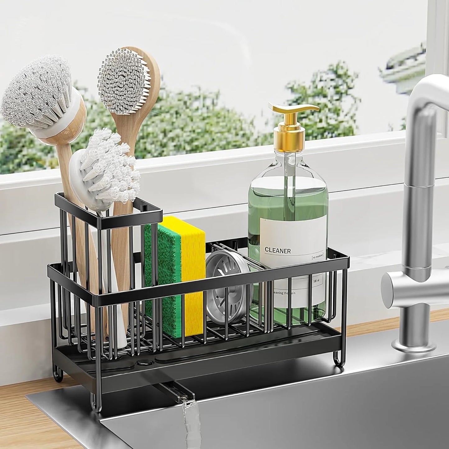 Black Sponge Holder for Kitchen Sink, Sink Caddy Organizer with High Brush Holder, Kitchen Countertop Organizers and Storage Essentials, Rustproof 304 Stainless Steel, Soap Dispenser Organize