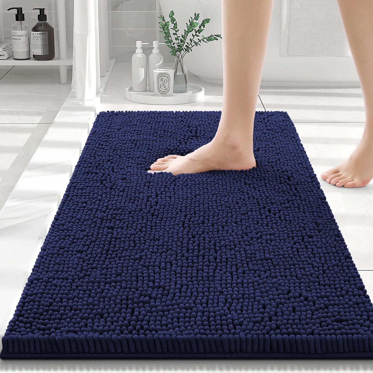 Luxury Chenille Bathroom Rugs, Extra Soft and Absorbent Bath Mat, Navy Blue, 16"X24"