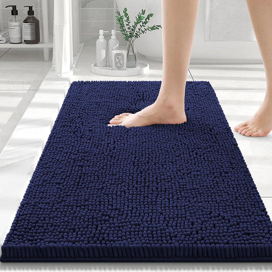Luxury Chenille Bathroom Rugs, Extra Soft and Absorbent Bath Mat, Navy Blue, 16"X24"